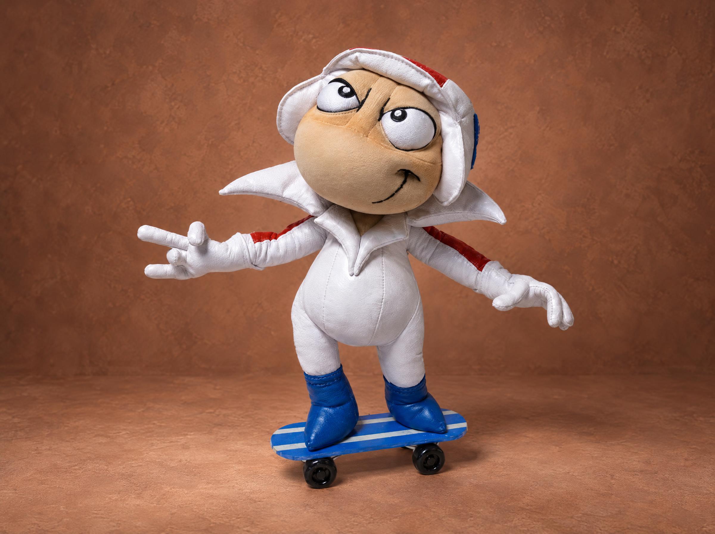 Custom Kick Buttowski plush, handmade to order: white faux-leather suit, blue boots, on a striped skateboard