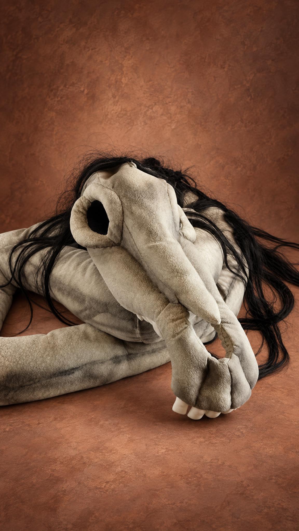 Custom Long Horse plush, made by hand: cracked bone-grey skull, deep black eye socket, black hair over the neck