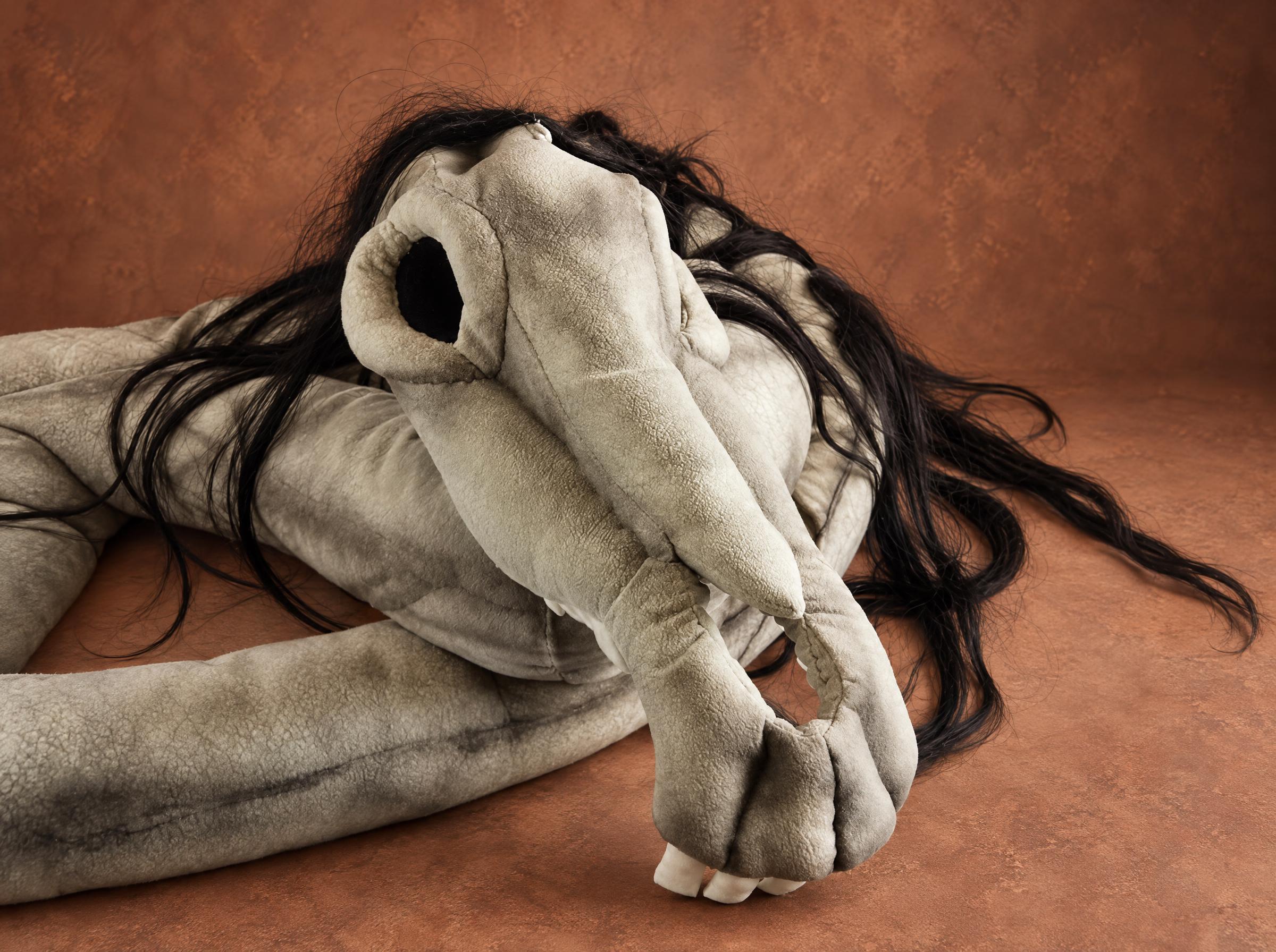 Custom Long Horse Plush, Skull and Hollow Eye Sockets Custom Long Horse plush, made by hand: cracked bone-grey skull, deep black eye socket, black hair over the neck