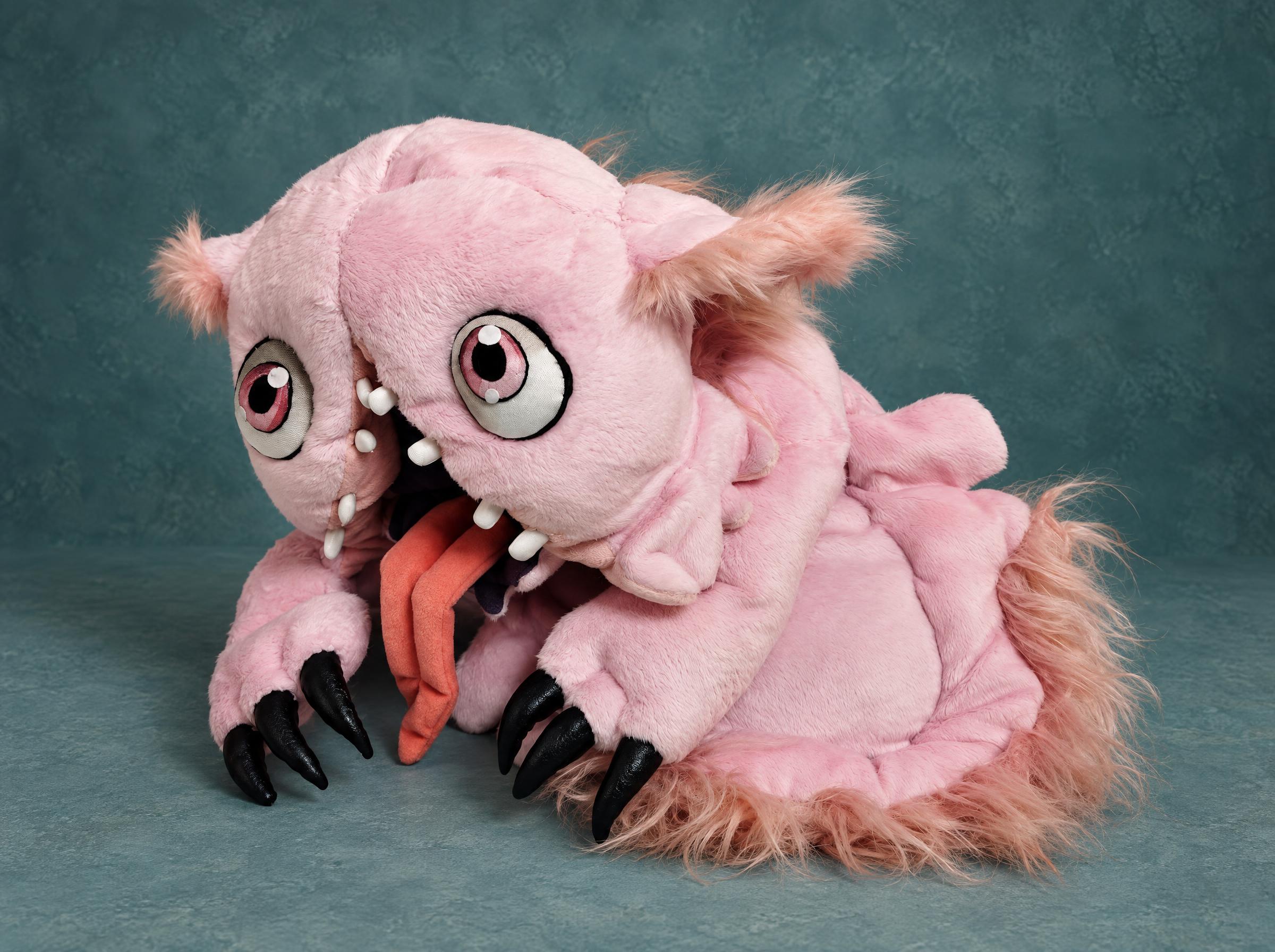 Custom Mitty plush from Made in Abyss, handmade to order: pink fleece Hollow with coral tongue and black claws