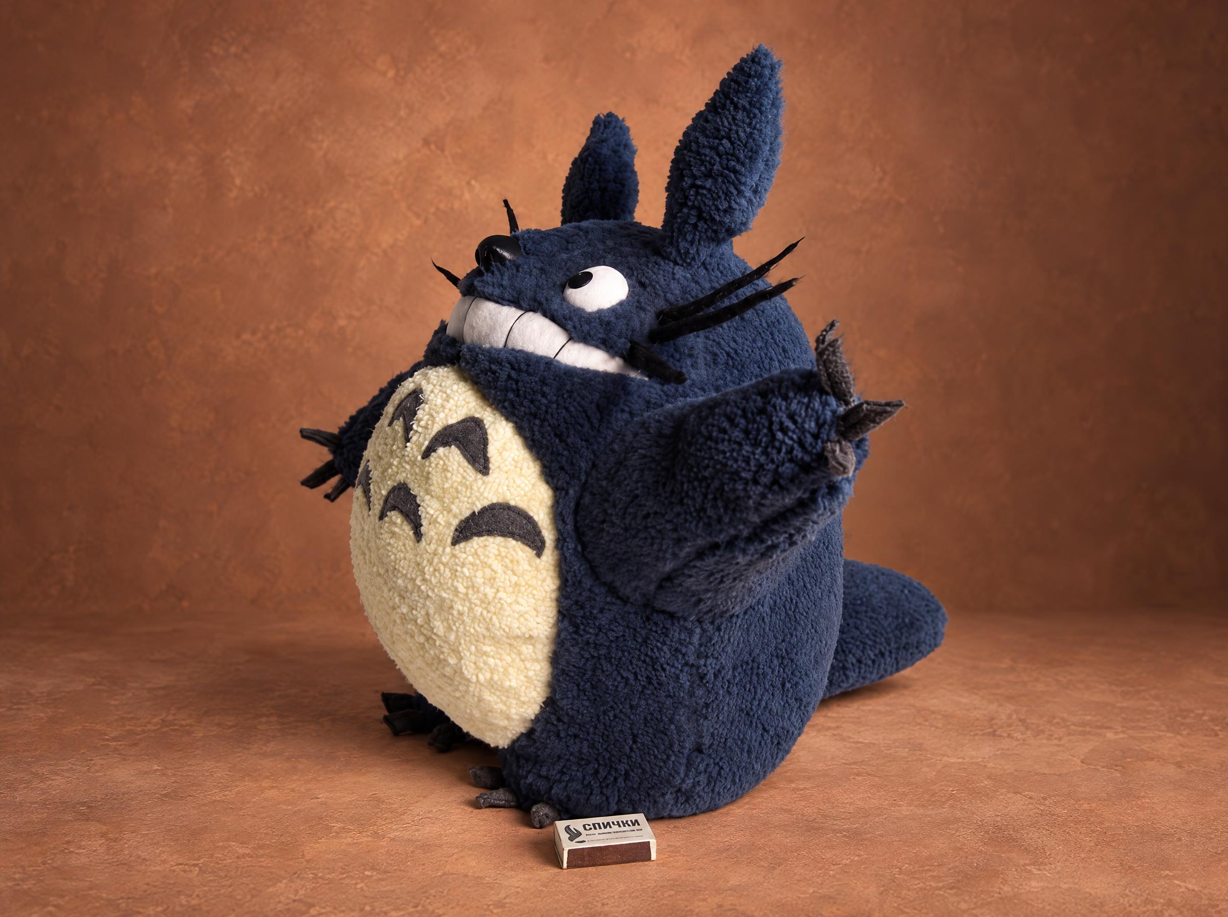 Custom Navy Totoro Plush in Curly Fleece, 2009 Custom Totoro plush in curly navy fleece, handmade in 2009: grinning, eyes up, a soft tail and cream belly