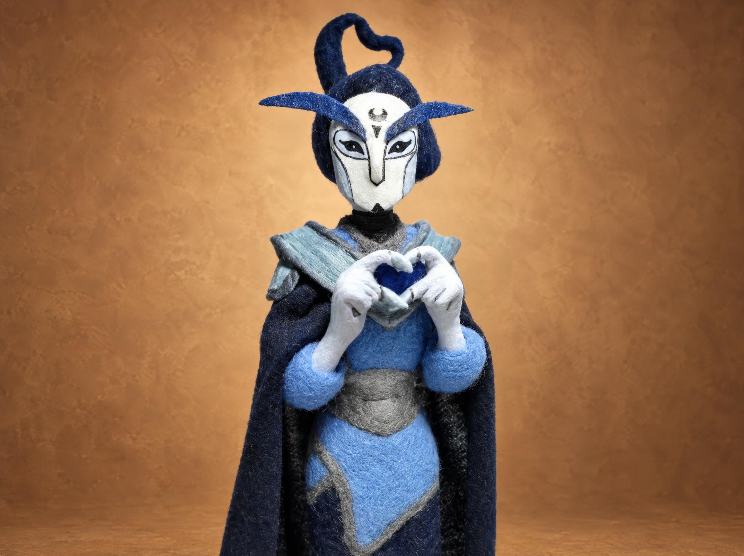 Custom OC doll made to order: felted masked figure in a navy cape, hands shaped into a heart