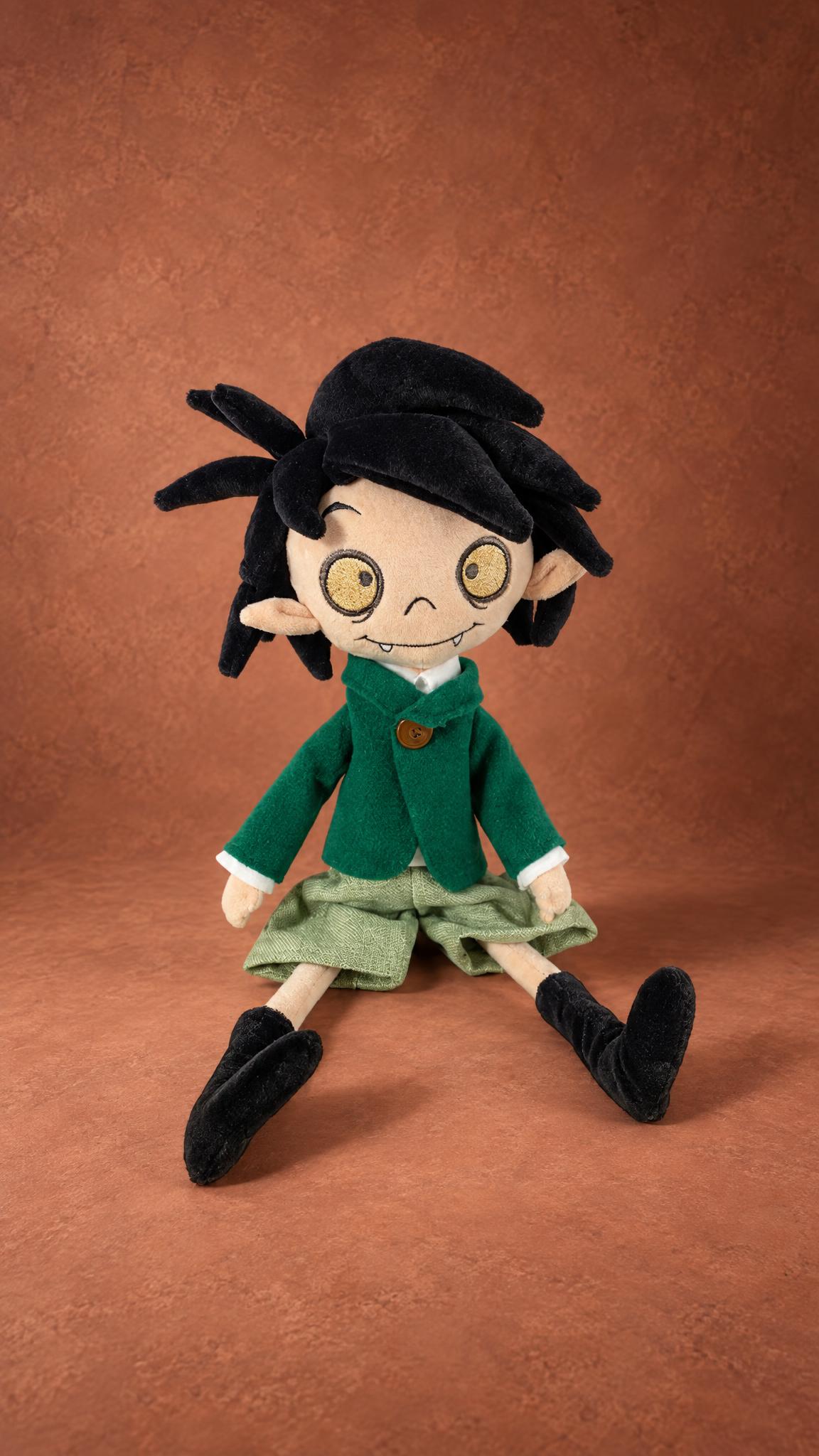 Custom Oskar vampire plush, sewn to order: big embroidered eyes, pointed ears and long floppy legs