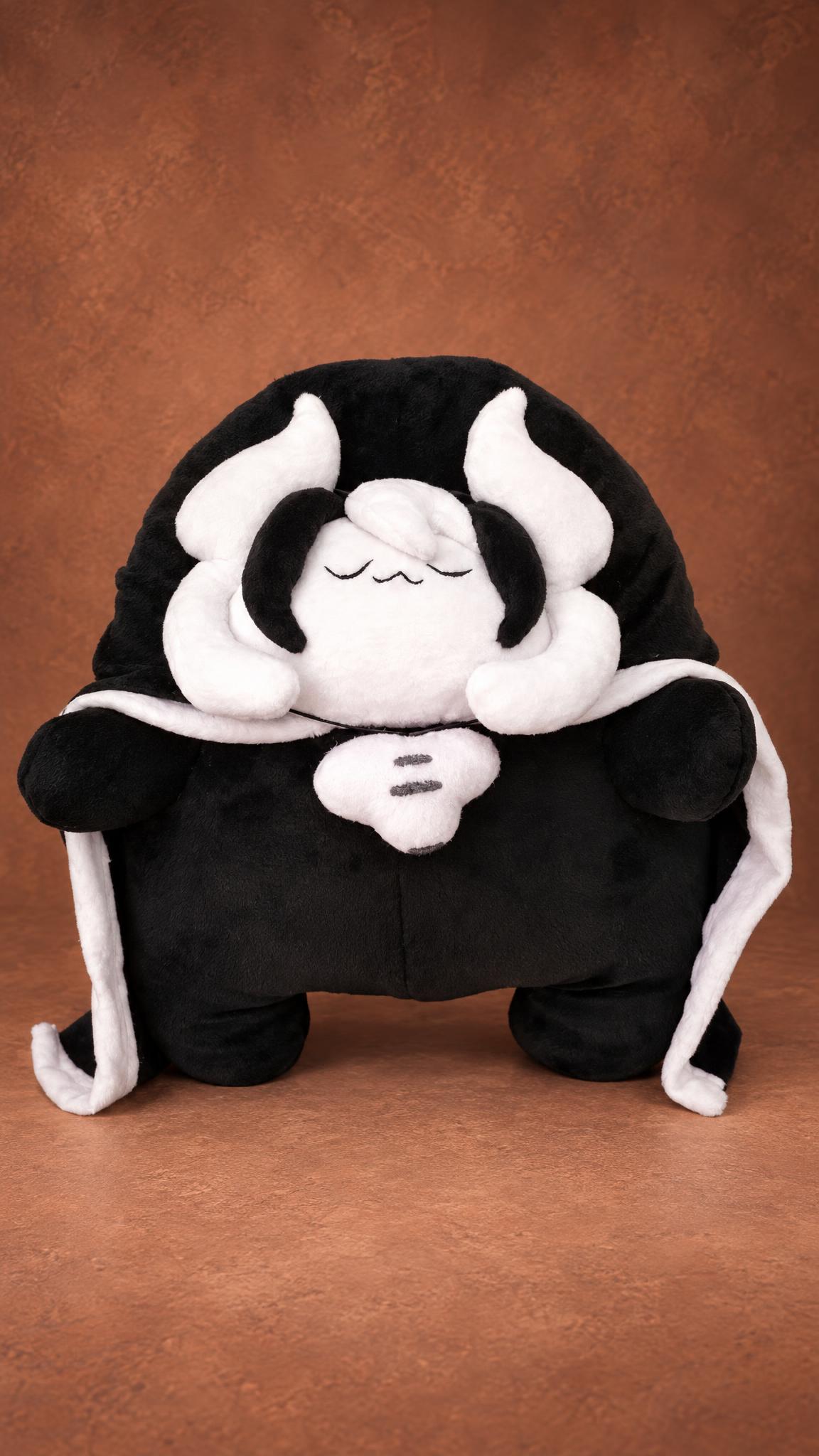 Chibi Ozen plush from Made in Abyss, handmade to order: round black body, white horns and a white-lined cloak