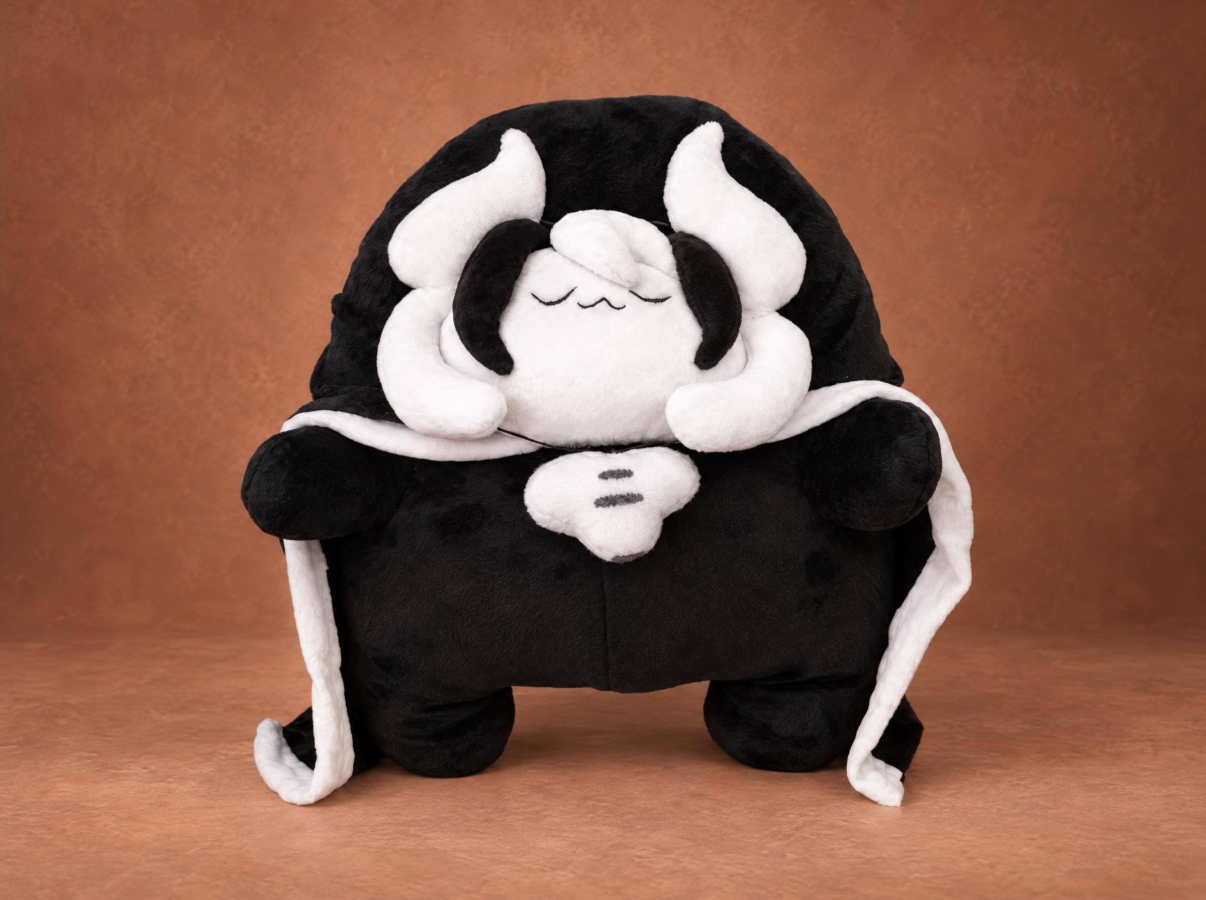 Chibi Ozen plush from Made in Abyss, handmade to order: round black body, white horns and a white-lined cloak