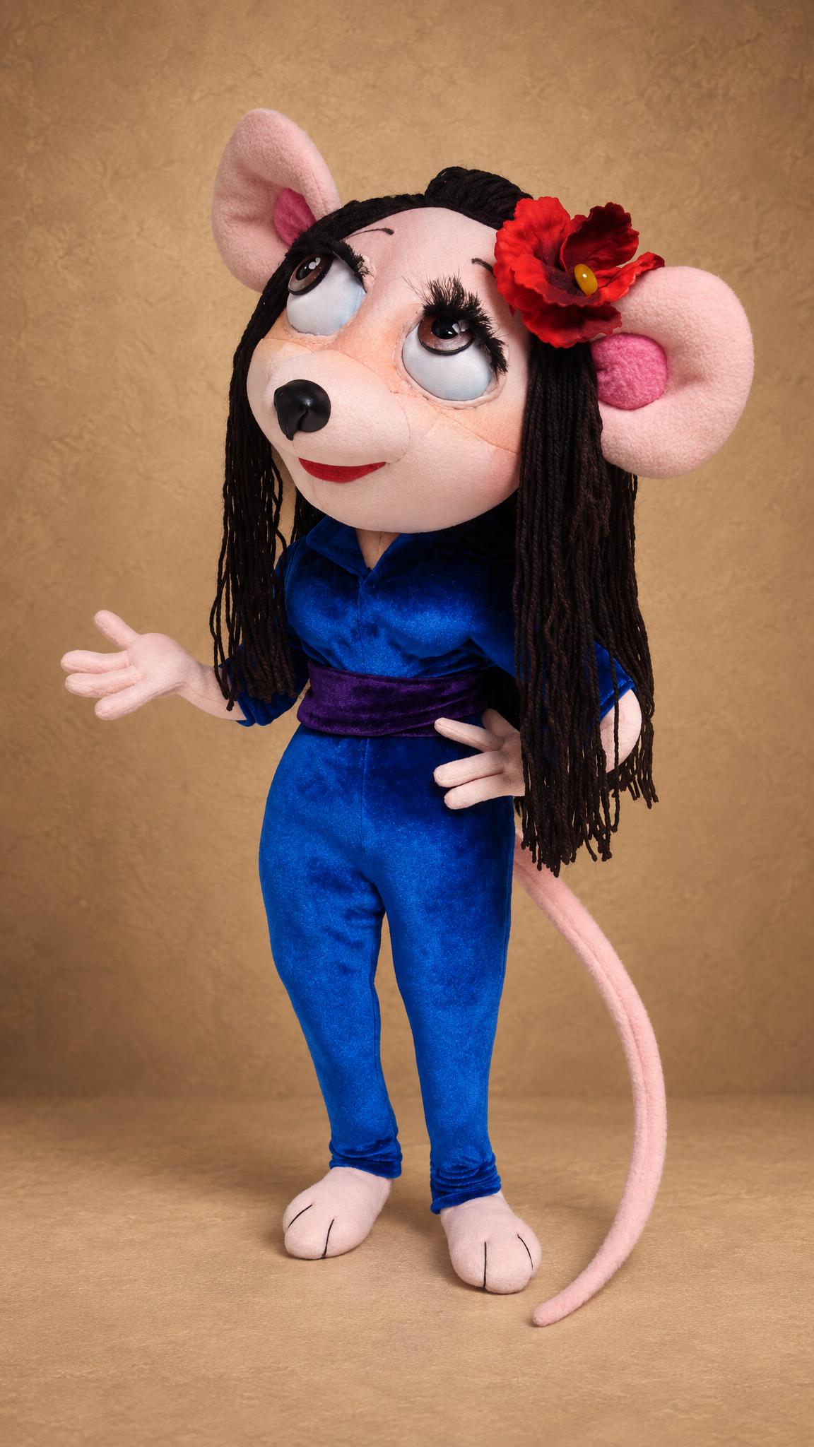 Handmade cartoon mouse doll with a portrait likeness, sewn to order: red flower, long lashes, blue velvet jumpsuit