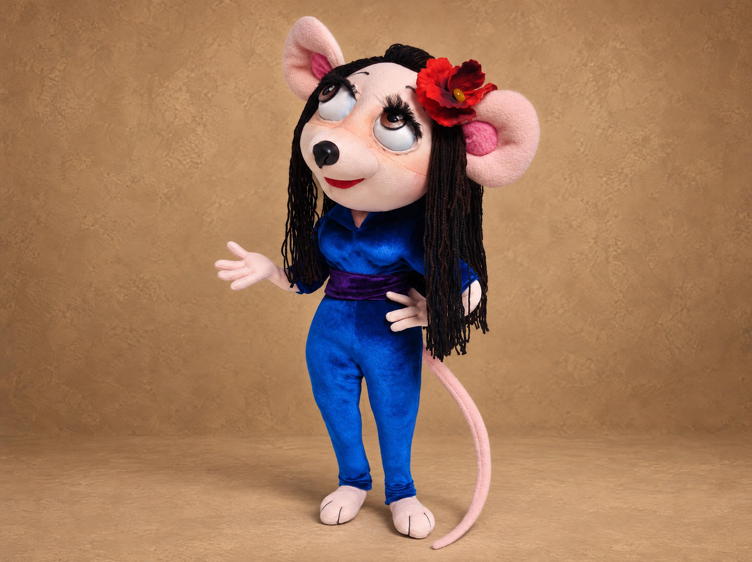 Custom Portrait Doll as a Cartoon Mouse Custom portrait doll as a cartoon mouse, made to order: red flower over a pink ear, dark hair, blue velvet outfit