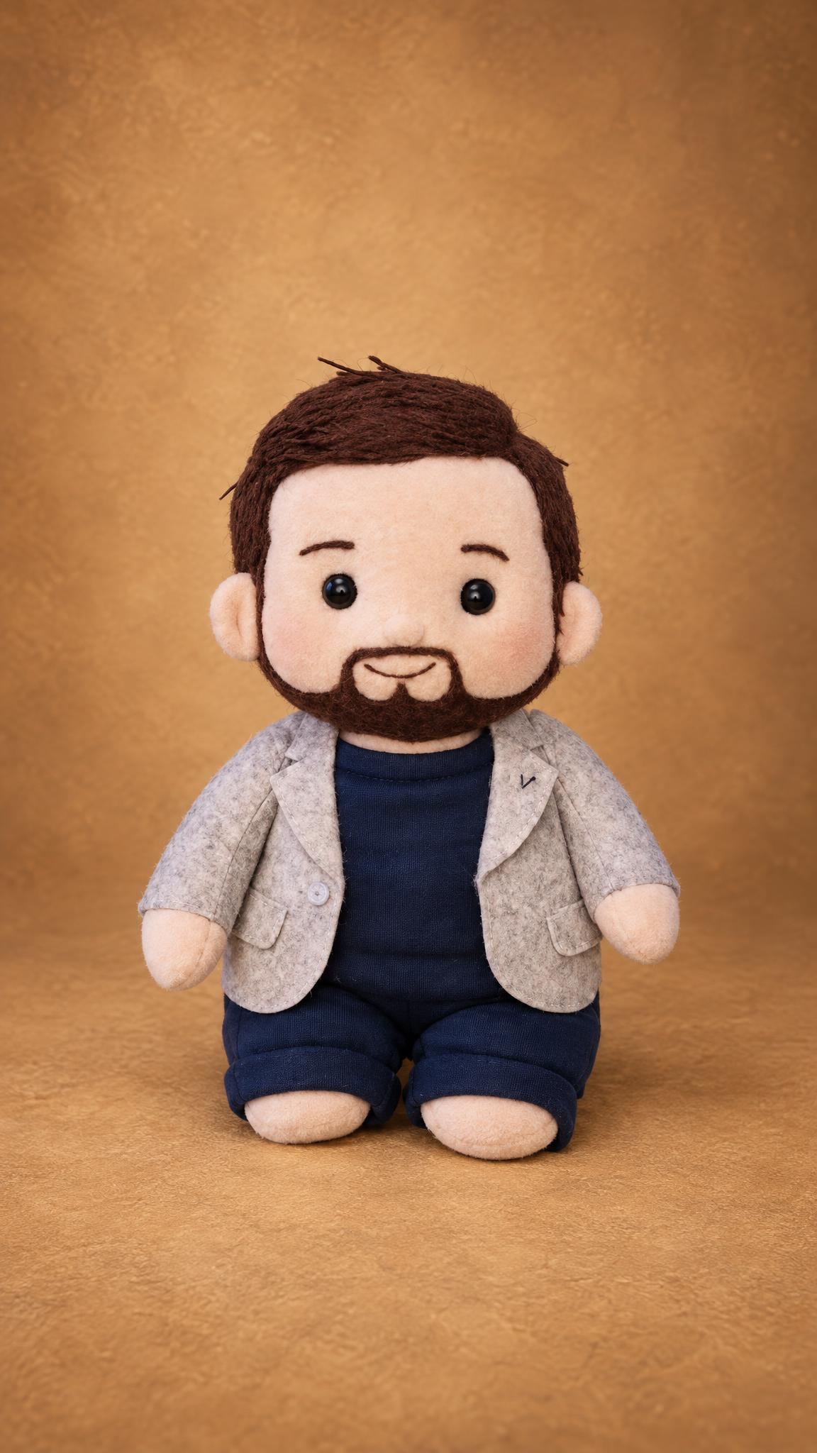 Handmade look-alike doll of a man with short brown hair, a beard and a grey blazer, sewn from photos