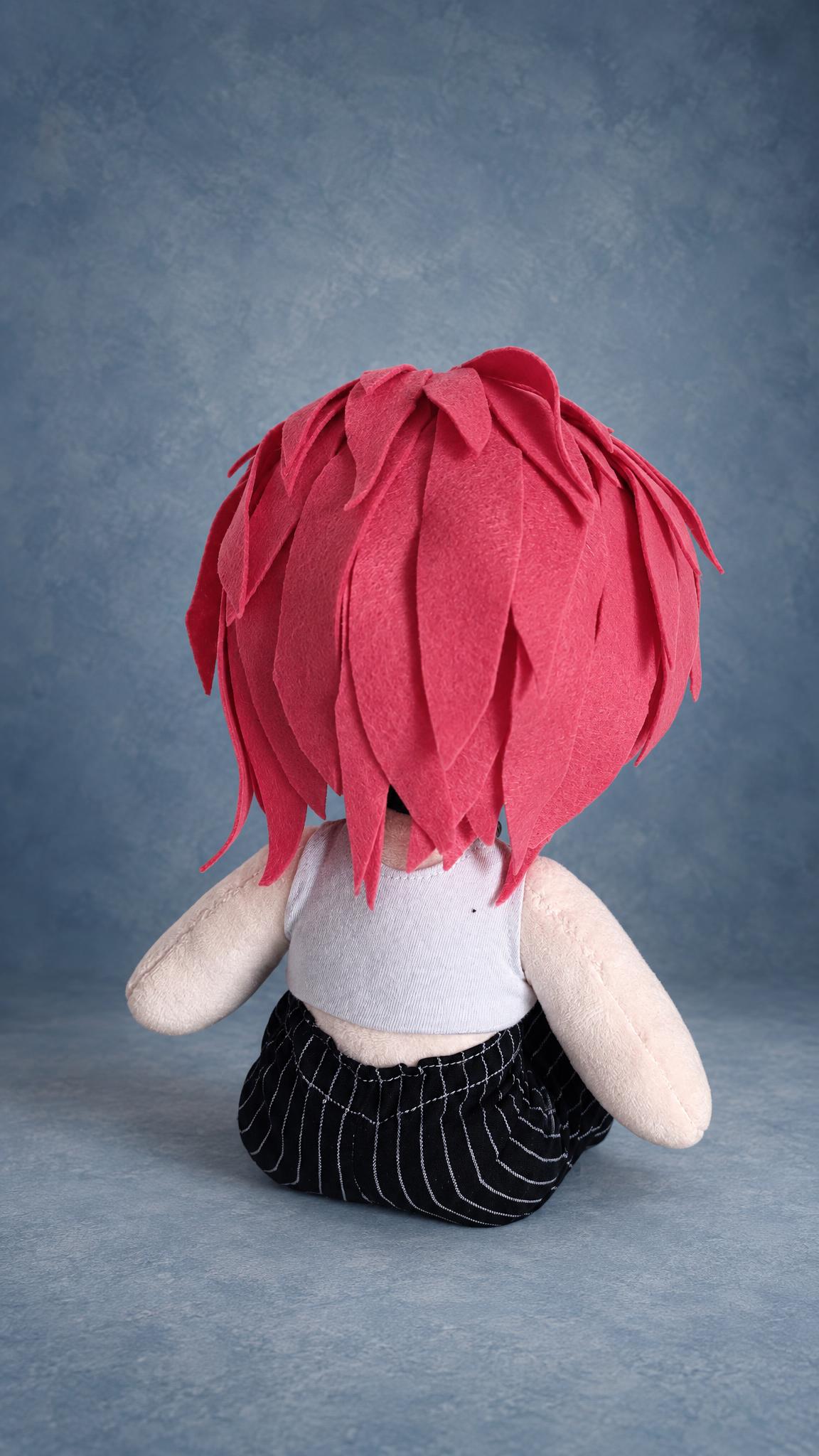 Custom portrait doll's pink felt wig from behind, layered strands over a white crop top, made to order