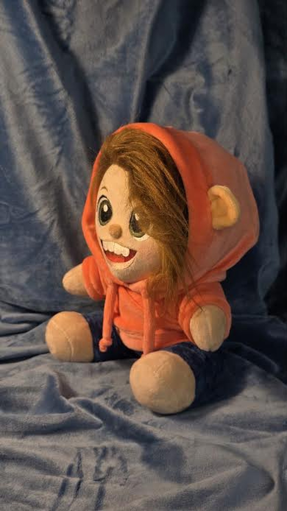 Custom plush portrait doll with a chibi head, like a cotton doll, in an orange hoodie, made to order