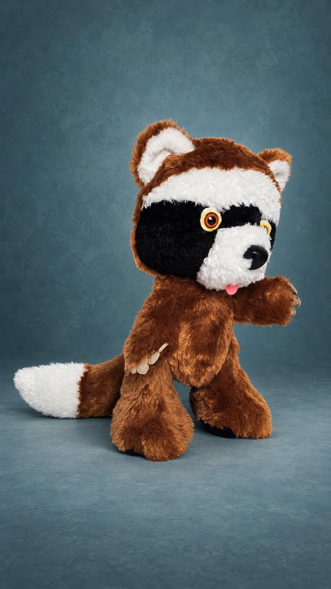 Custom raccoon stuffed animal replica, handmade to order: white muzzle, tiny pink tongue, white-tipped tail