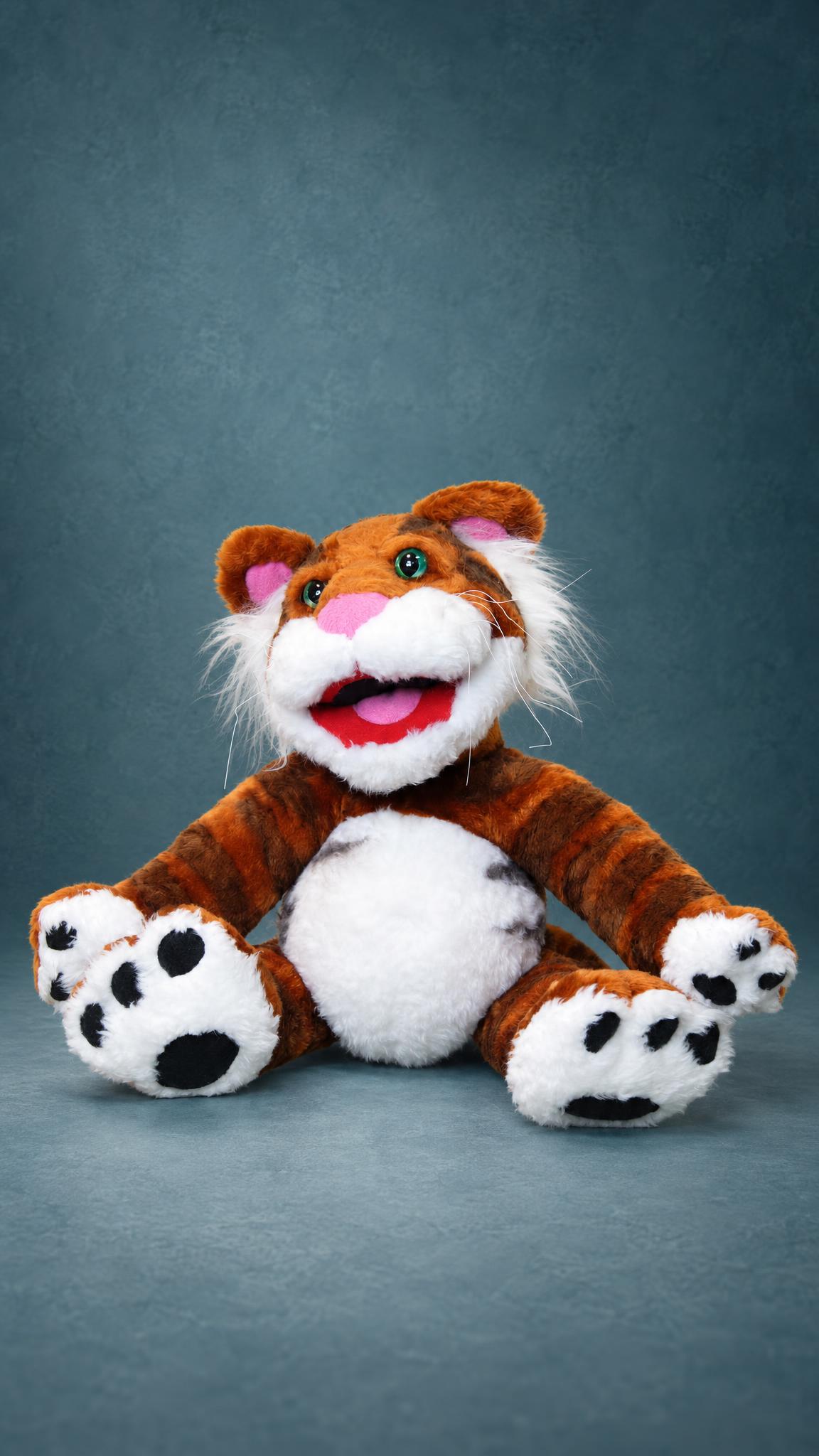 Custom Rugby the Tiger plush, made to order: rust-striped fur, white belly, open red mouth and green eyes