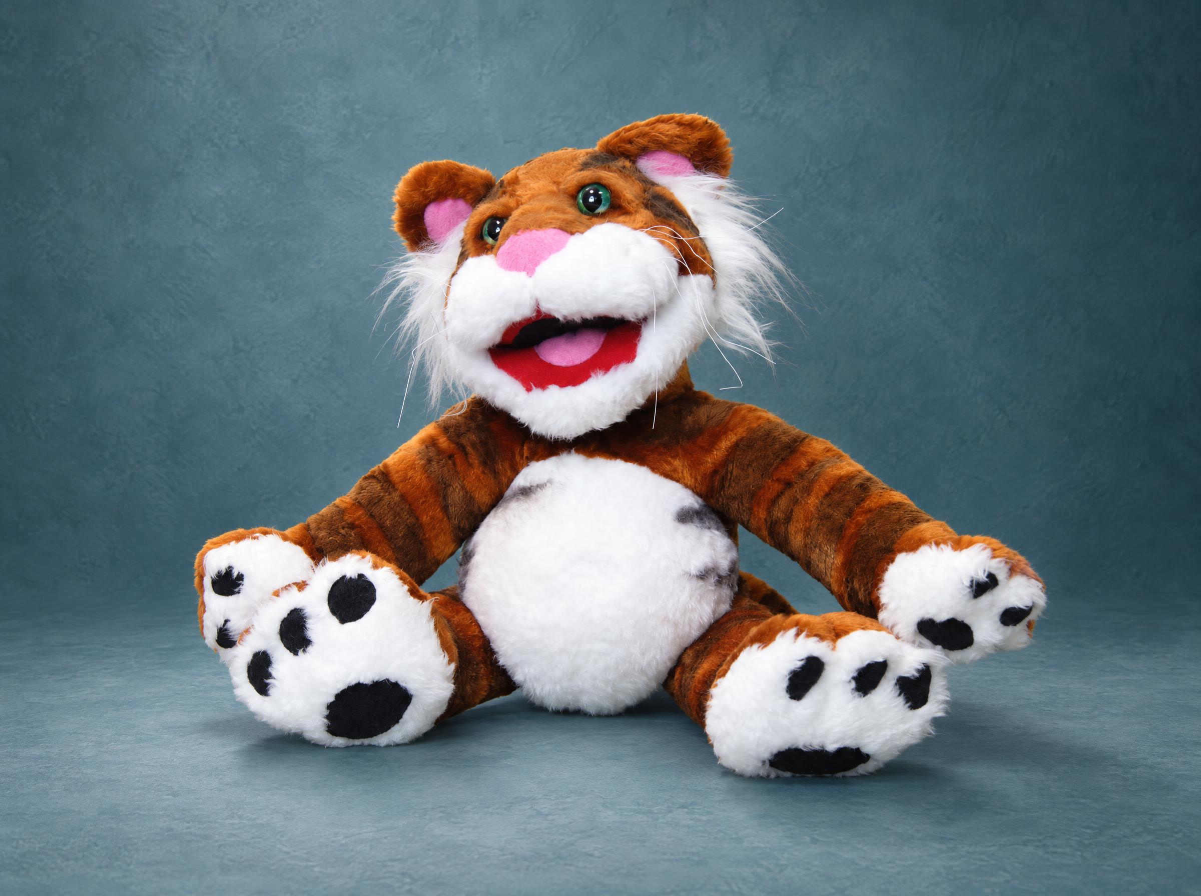 Custom Rugby the Tiger Plush, Made to Order Custom Rugby the Tiger plush, made to order: rust-striped fur, white belly, open red mouth and green eyes