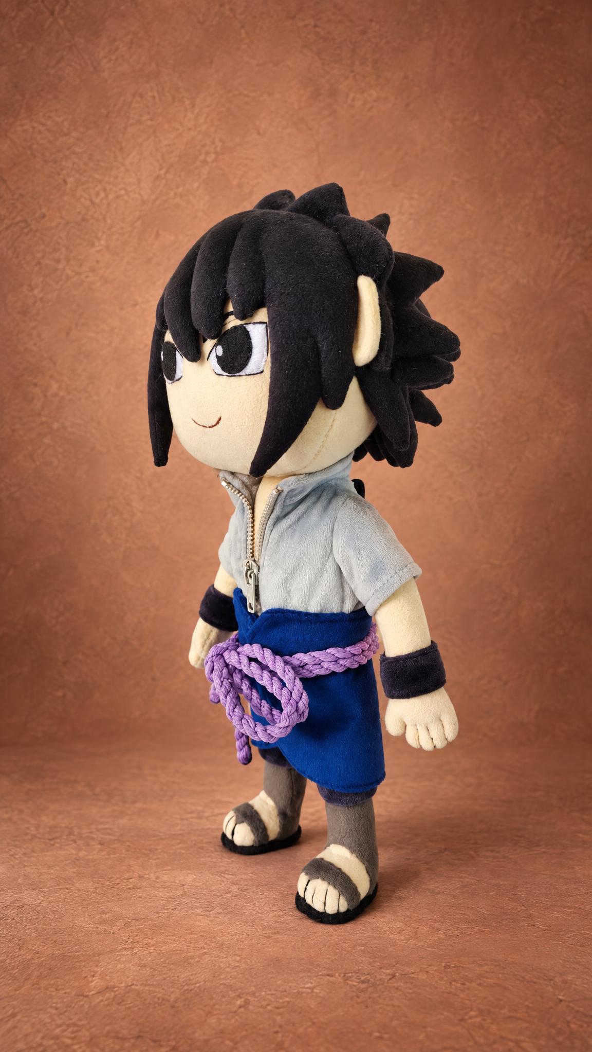 Custom Sasuke plush from Naruto Shippuden, sewn by hand to order: chibi face, black eyes, spiky black hair
