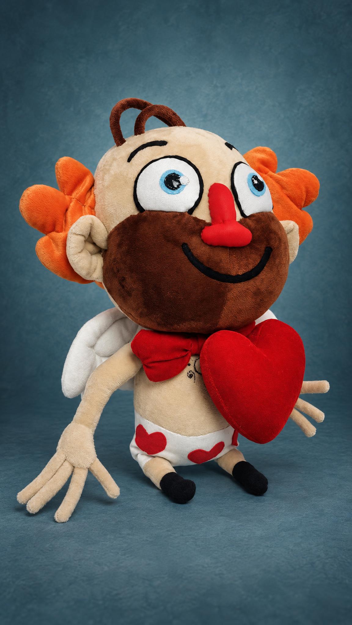 Heart Guy sticker plush, handmade to order: cupid wings, red bow tie, heart-print shorts and long plush fingers