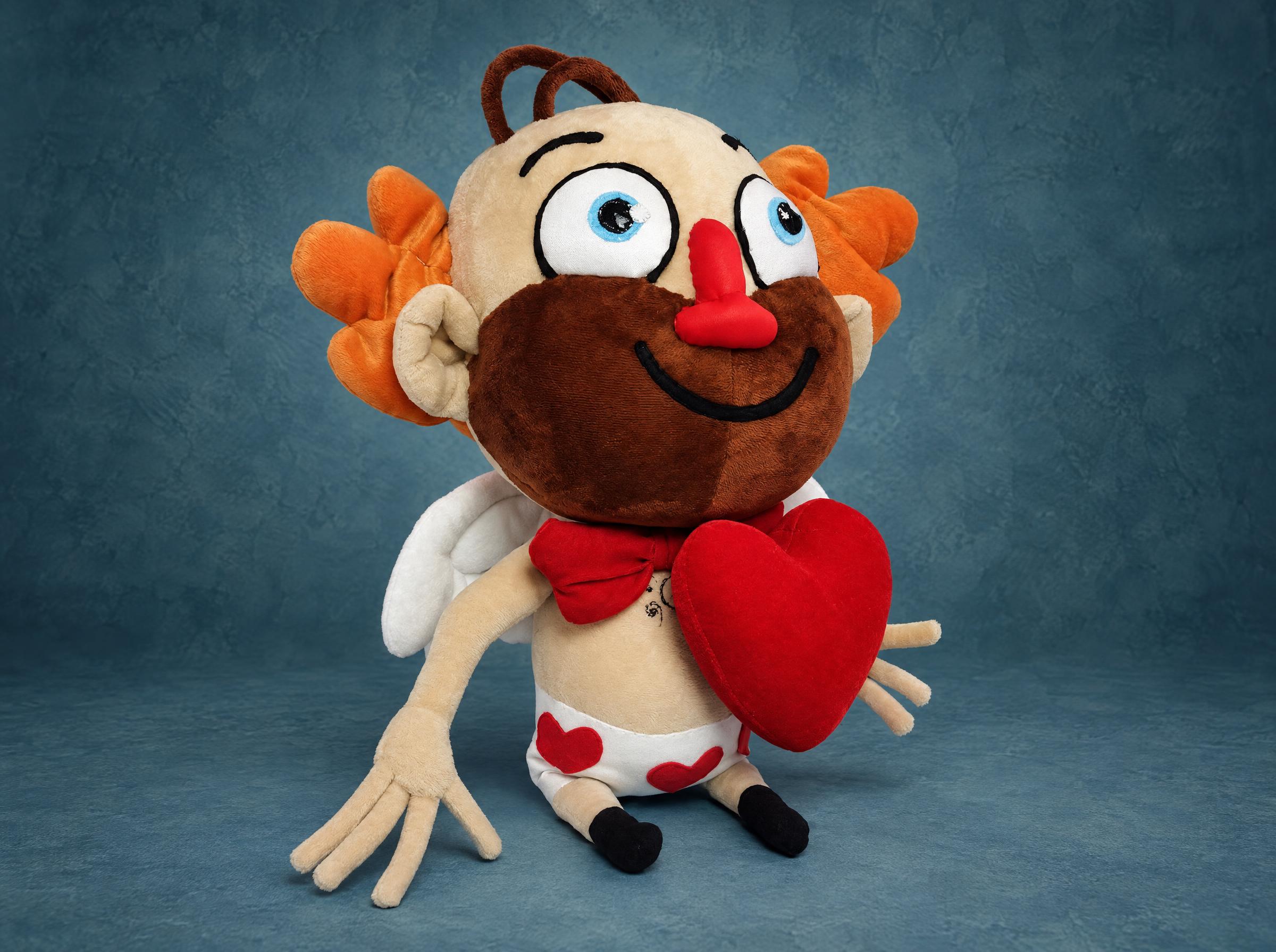 Custom Sticker Plush in Heart-Print Underpants Custom sticker plush of a stubbly cupid in heart-print underpants, red bow tie and red heart, sewn to order
