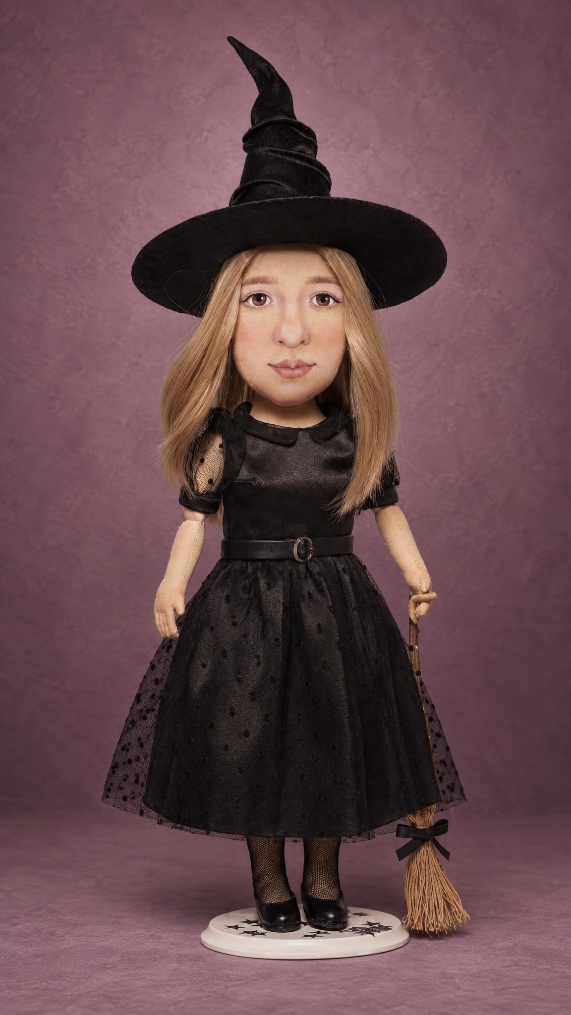 Portrait Witch Doll Made to Order Portrait witch doll handmade to order: painted face from a photo, black velvet hat, tulle dress and broom on a stand
