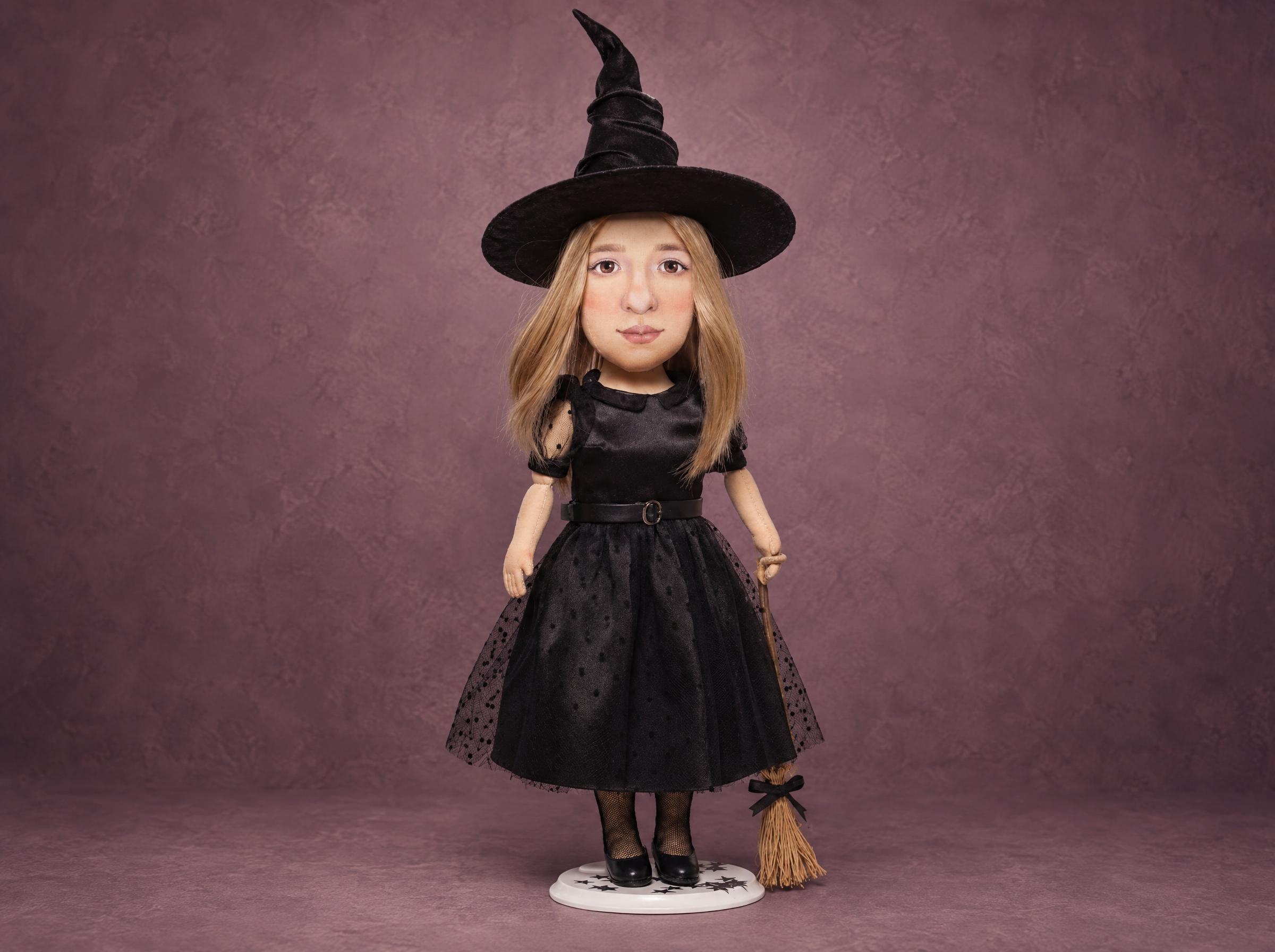 Custom talking doll made to order from a photo: portrait witch doll with a painted face, black hat and straw broom