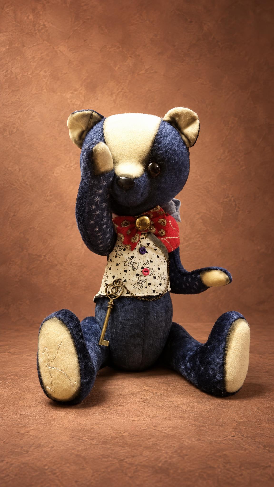 Custom teddy bear waving one paw, navy fabric and a floral vest, handmade to order from a sketch