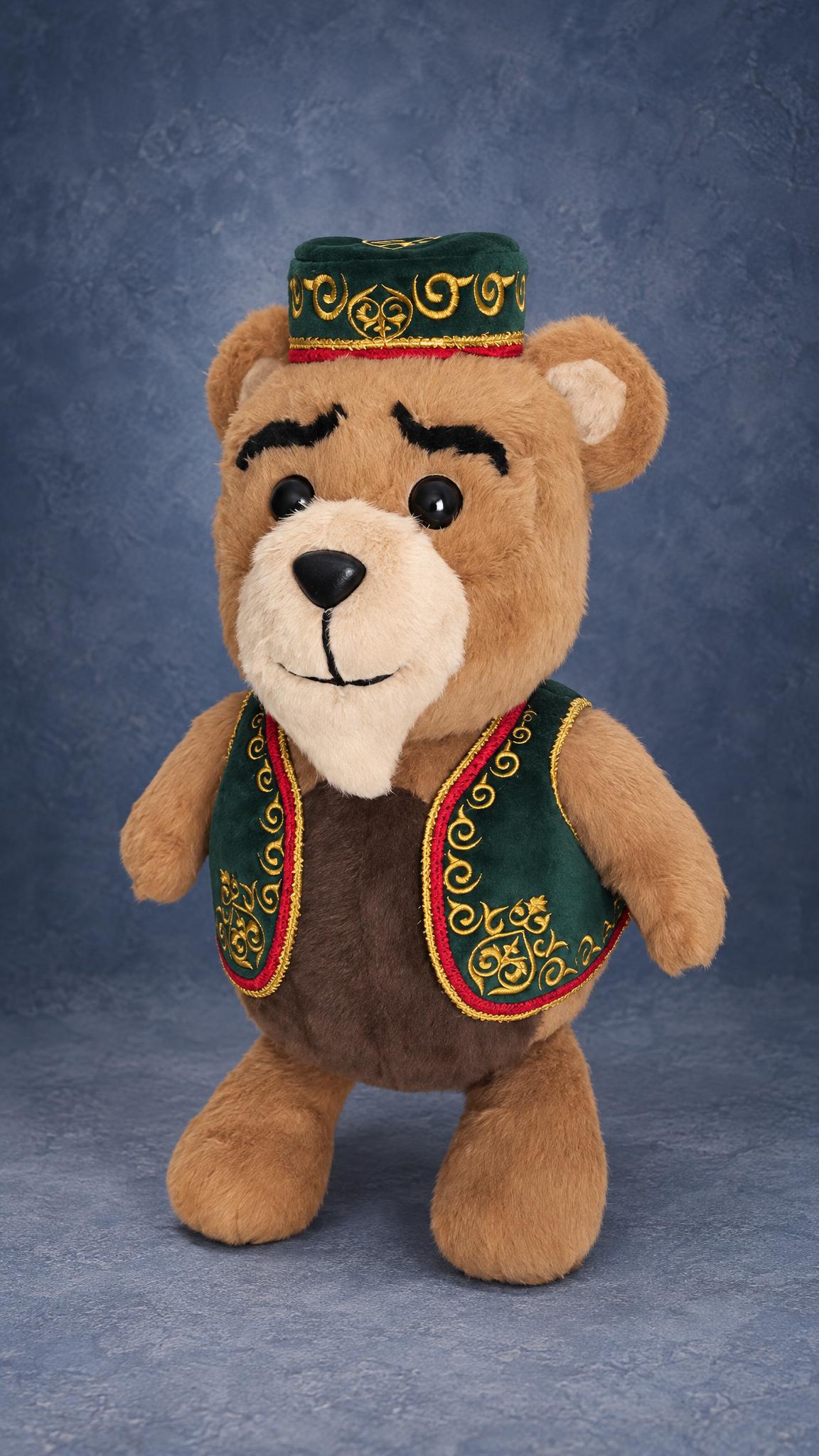 Custom teddy bear prototype from a sketch Custom teddy bear prototype in faux fur, sewn to order from a sketch: green skullcap, embroidered waistcoat