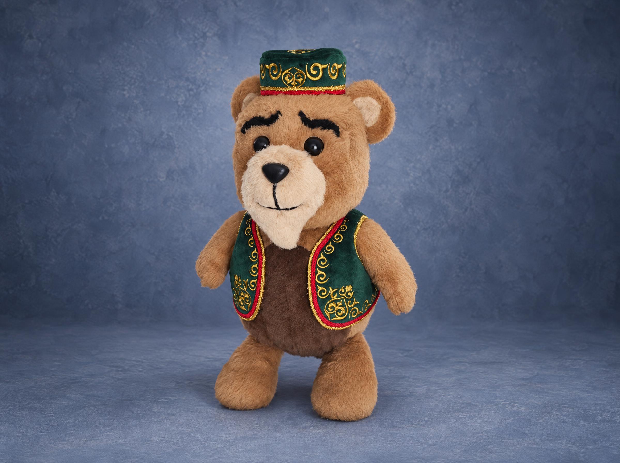 Custom teddy bear prototype in faux fur, sewn to order from a sketch: green skullcap, embroidered waistcoat