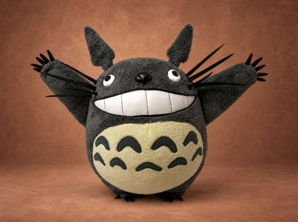 Custom Totoro plush from My Neighbor Totoro, handmade to order: grey fur, huge white grin and both arms raised