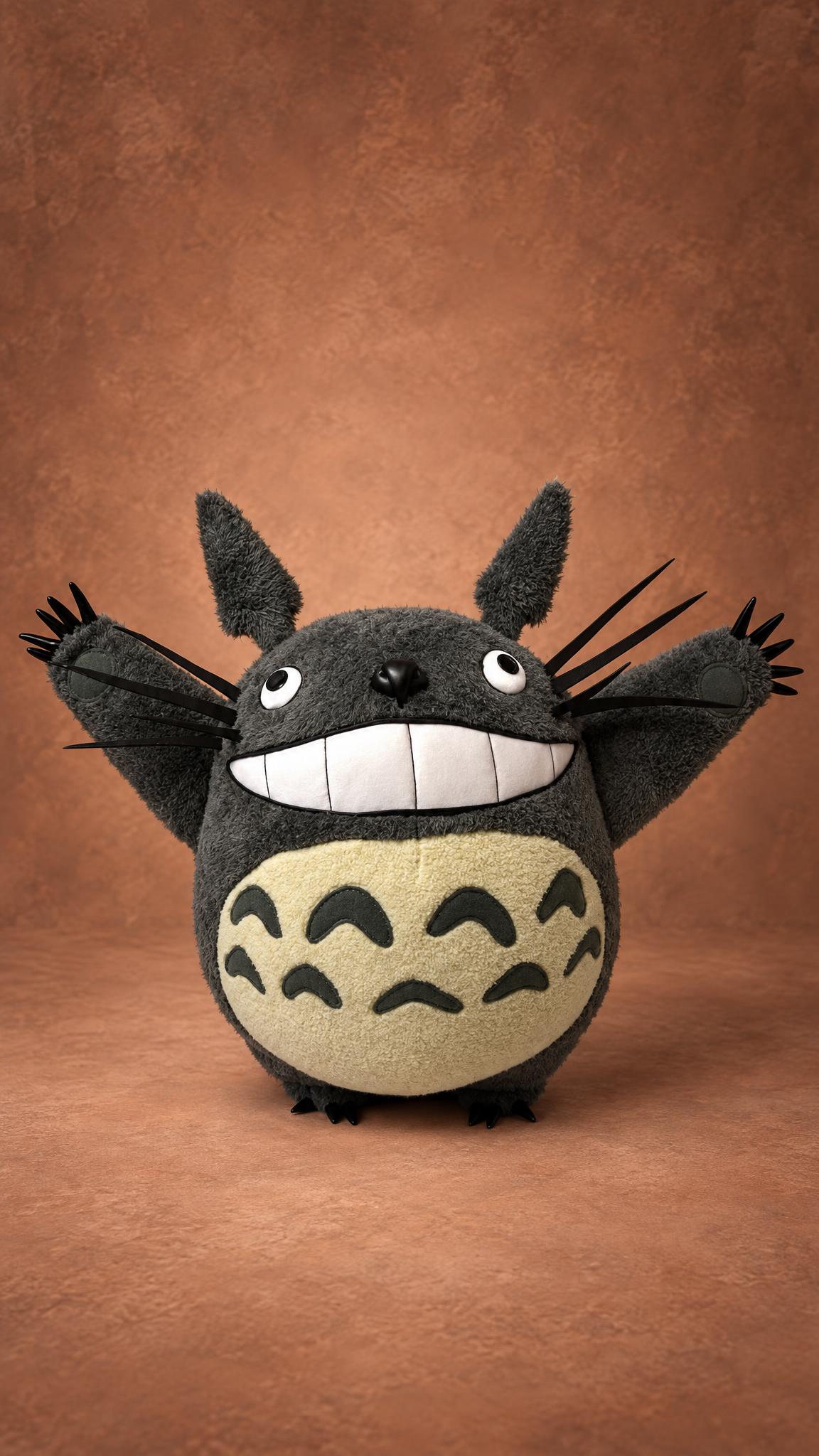 Custom Totoro plush from My Neighbor Totoro, handmade to order: grey fur, huge white grin and both arms raised