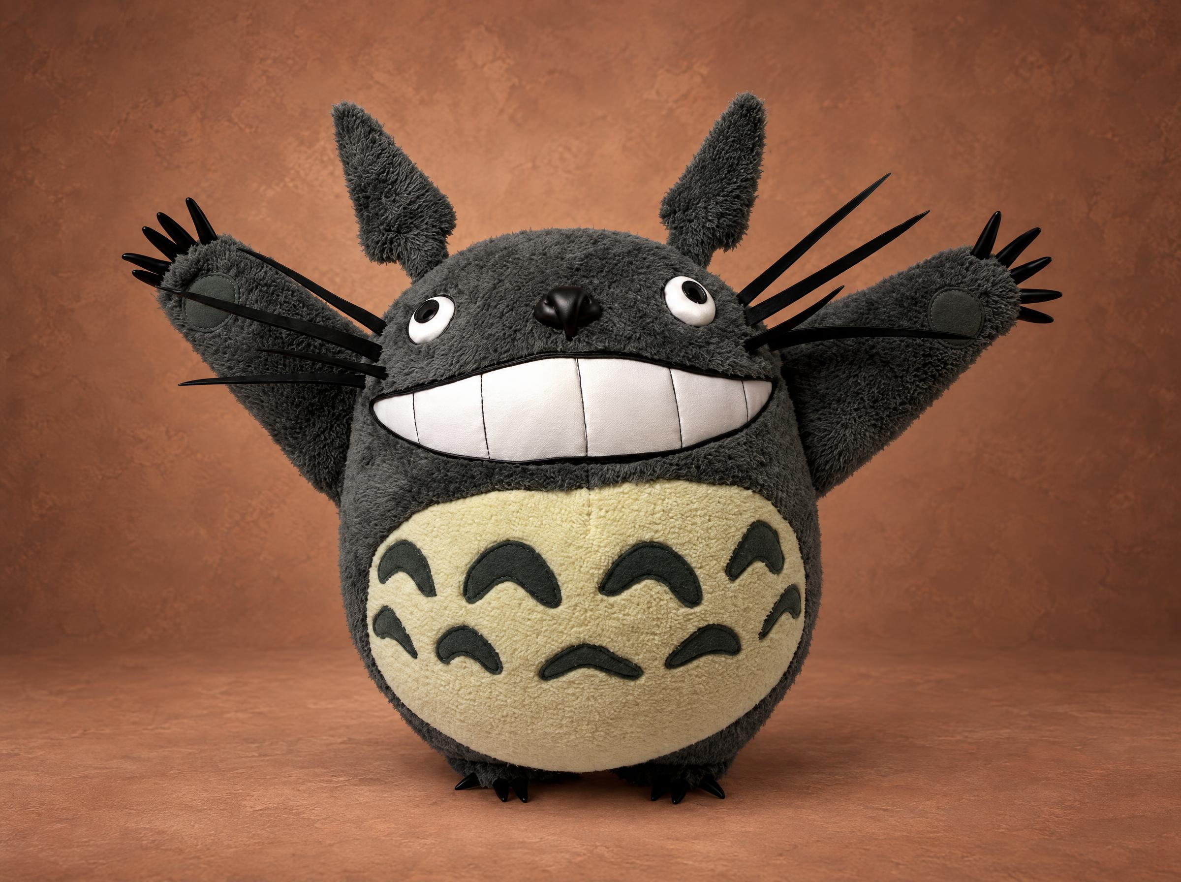 Custom Totoro plush from My Neighbor Totoro, handmade to order: grey fur, huge white grin and both arms raised