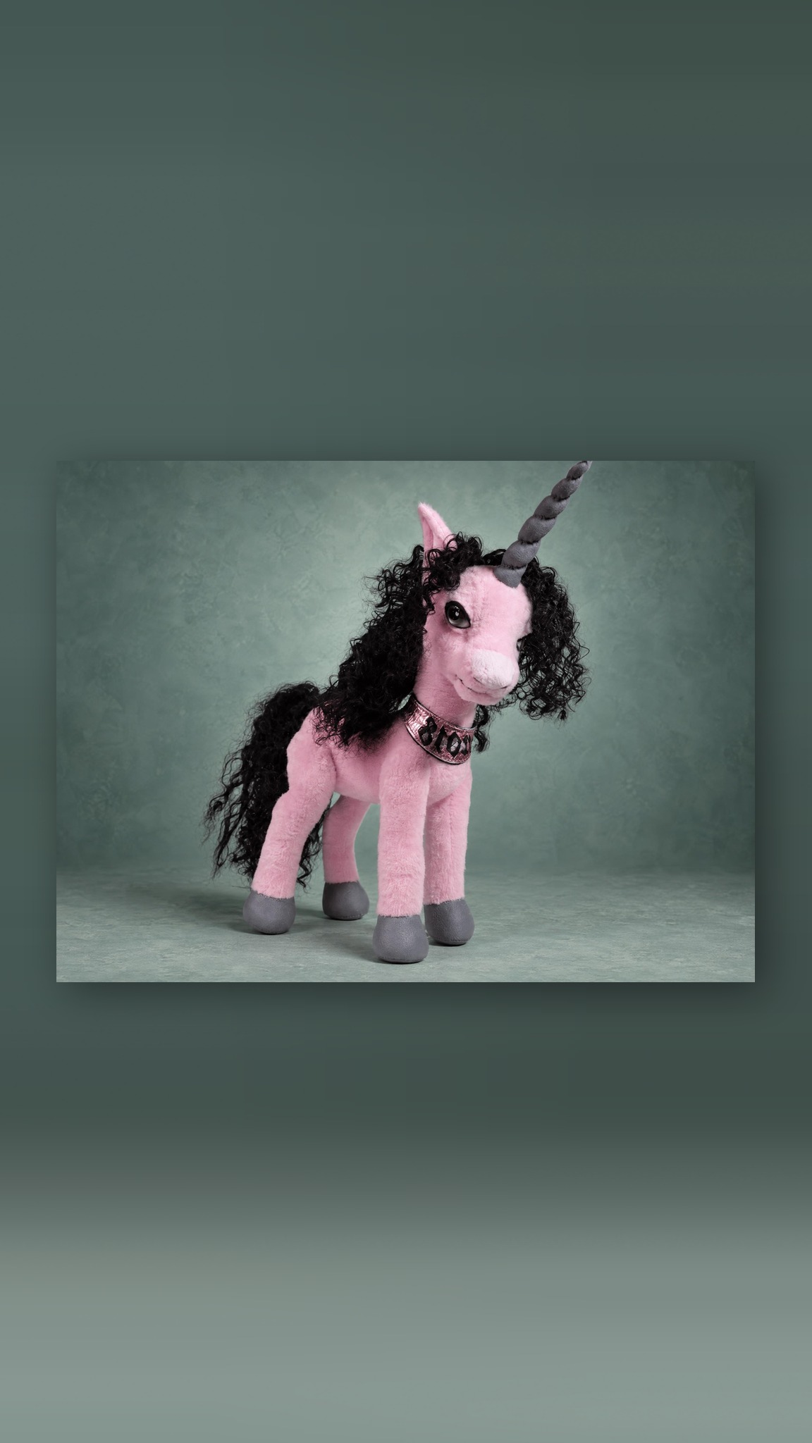Pink unicorn stuffed animal, custom made to order, on long slim legs with a long curly black tail