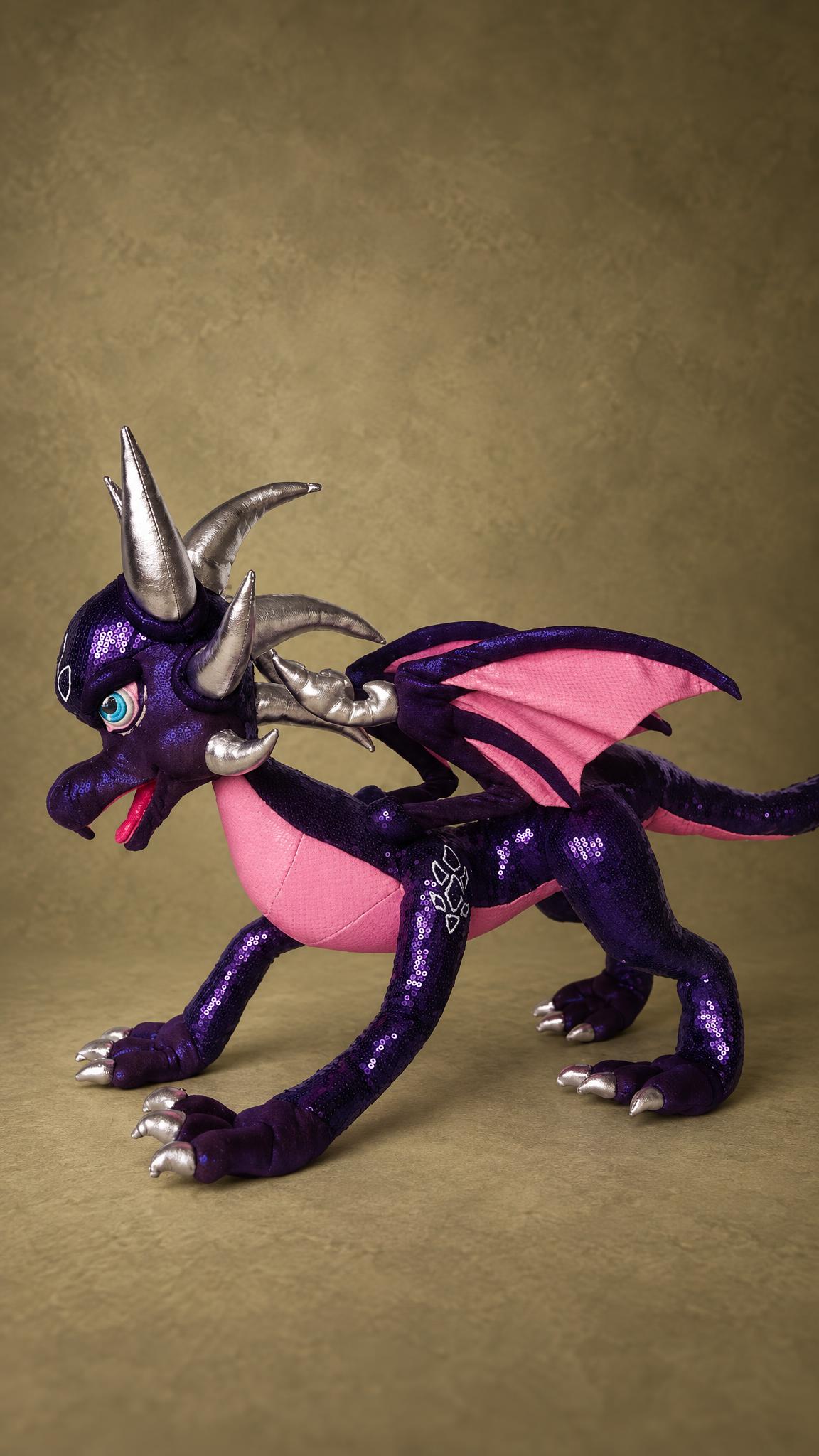 Handmade Cynder dragon plush turned to the side, mouth open, wings folded, a poseable Legend of Spyro plush