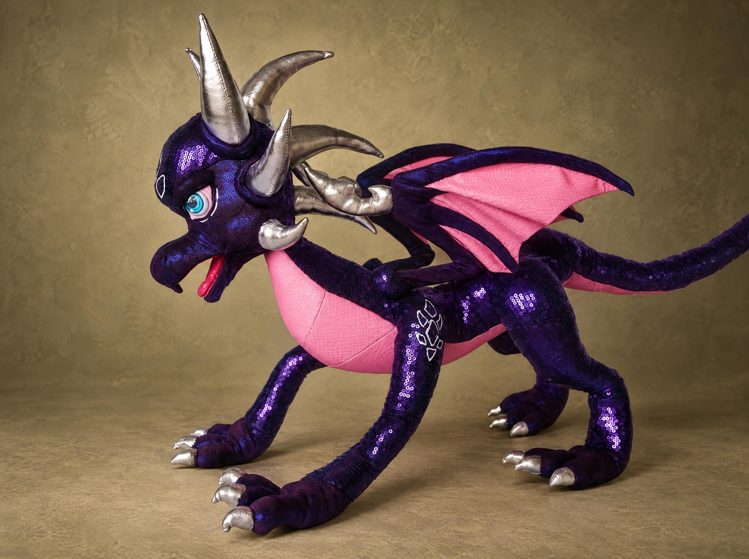 Cynder Dragon Plush, Poseable Handmade Cynder dragon plush turned to the side, mouth open, wings folded, a poseable Legend of Spyro plush