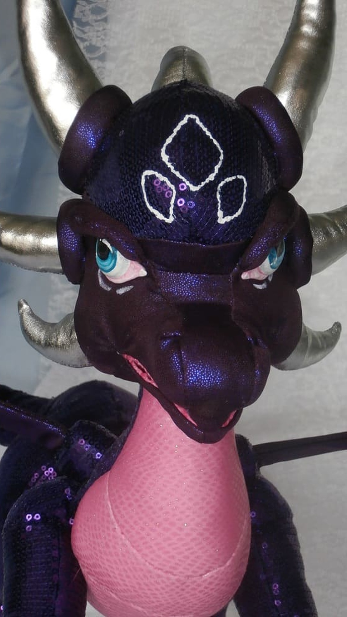 Cynder plush head with silver horns, sequined forehead markings and teal eyes, a custom Legend of Spyro plush