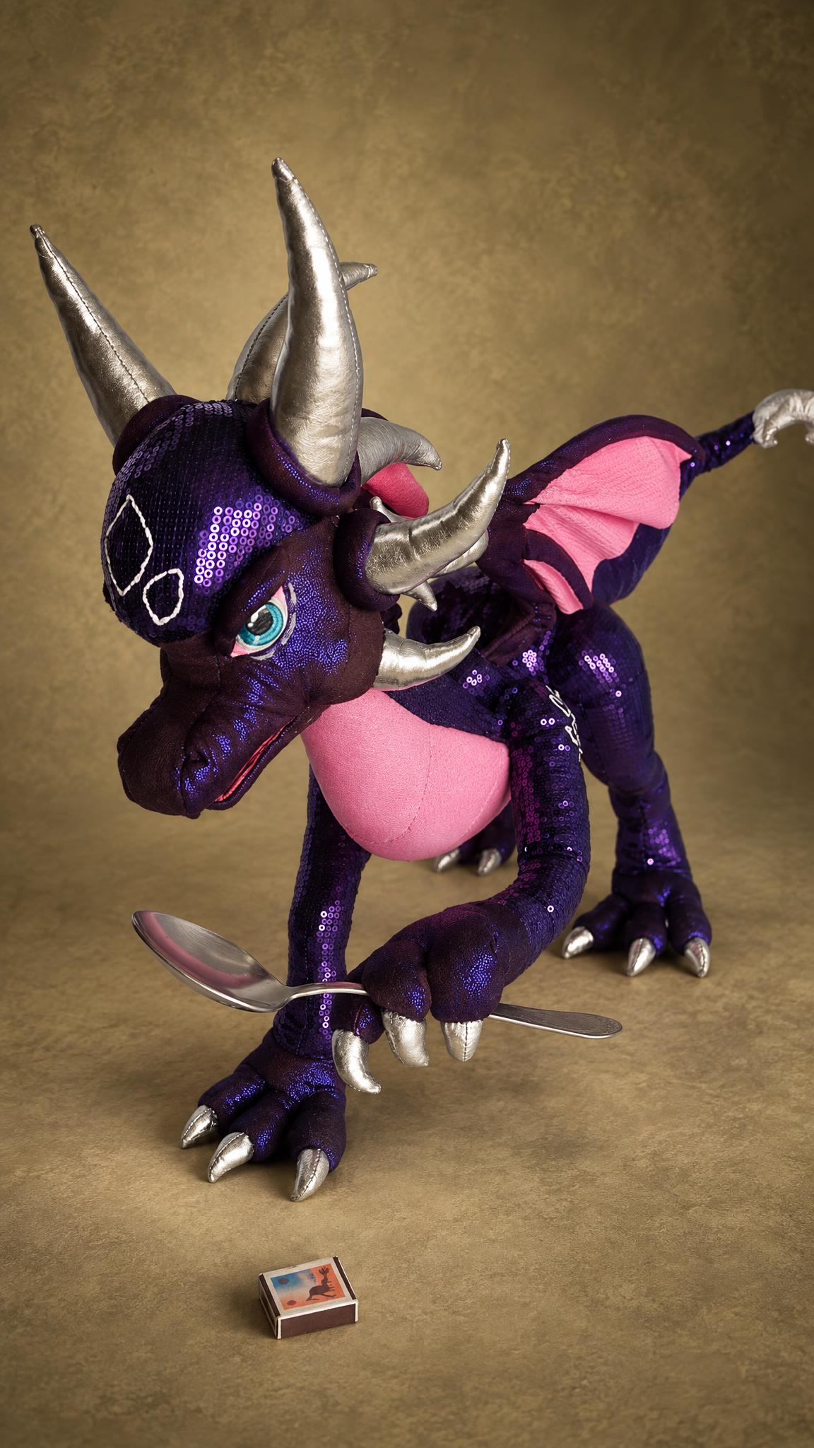 Custom Cynder plush holding a teaspoon in her clawed paw, a poseable Legend of Spyro dragon made to order