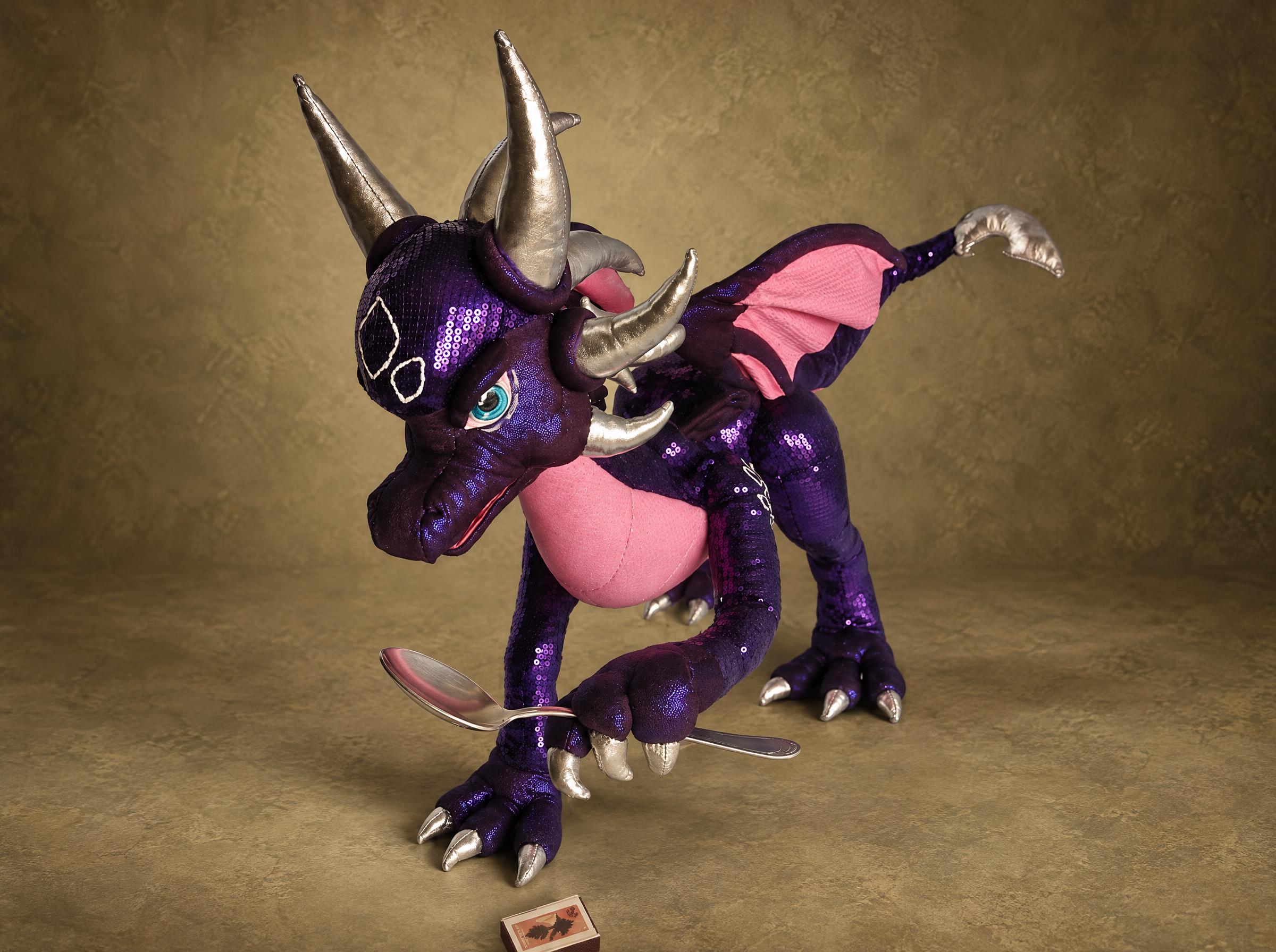 Cynder Plush Holding a Teaspoon Custom Cynder plush holding a teaspoon in her clawed paw, a poseable Legend of Spyro dragon made to order
