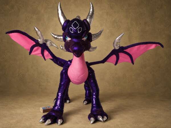 Custom Cynder plush from The Legend of Spyro, handmade to order with pink wings spread and silver horns