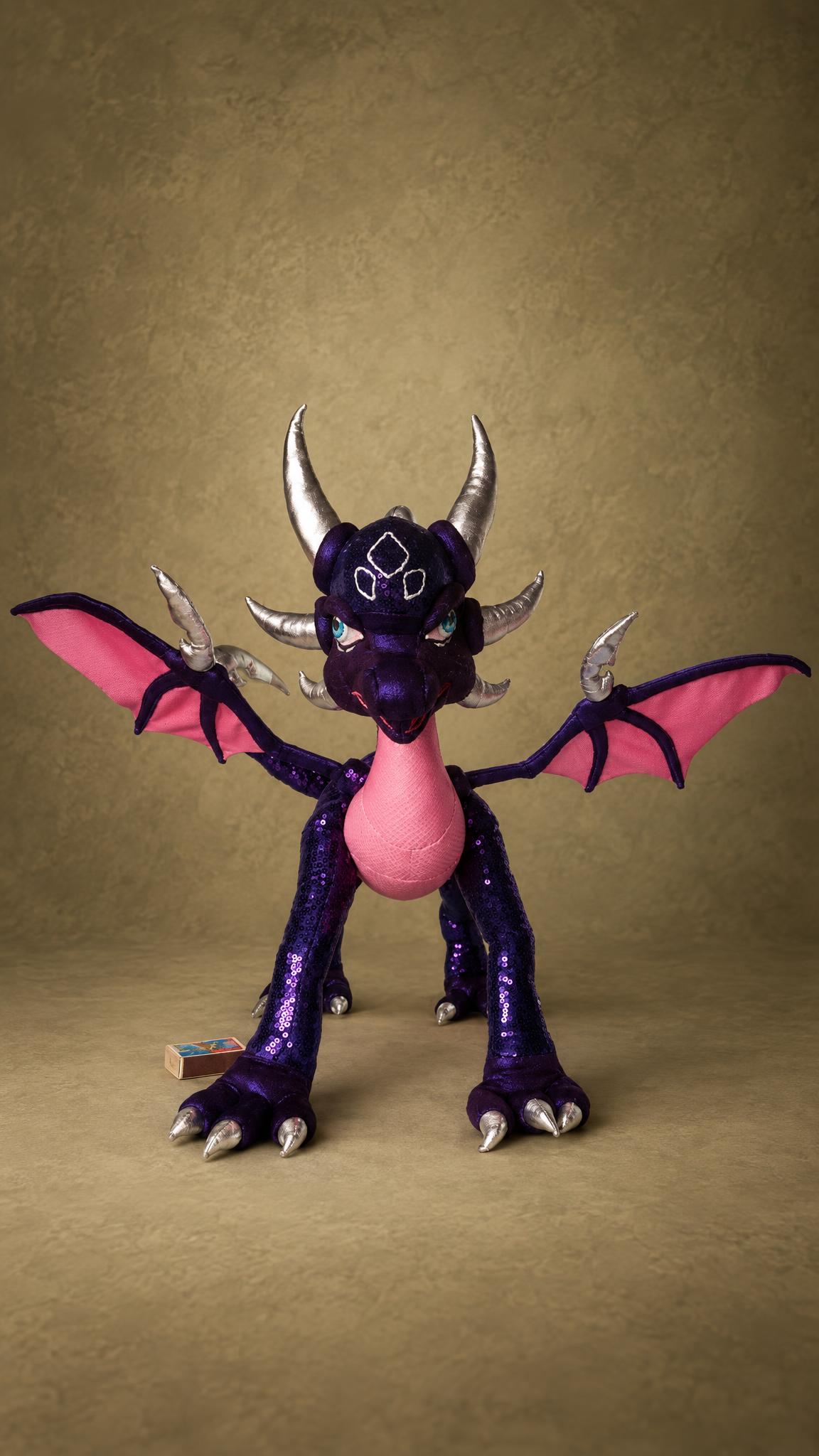 Custom Cynder plush from The Legend of Spyro, handmade to order with pink wings spread and silver horns