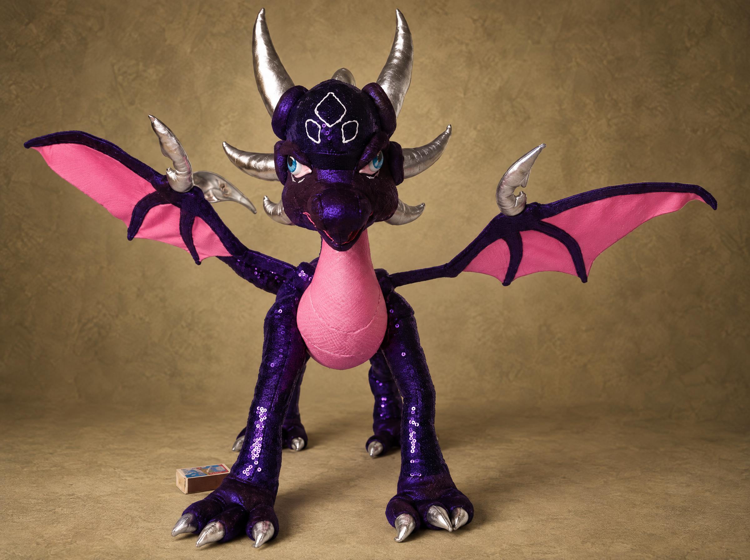 Custom Cynder plush from The Legend of Spyro, handmade to order with pink wings spread and silver horns