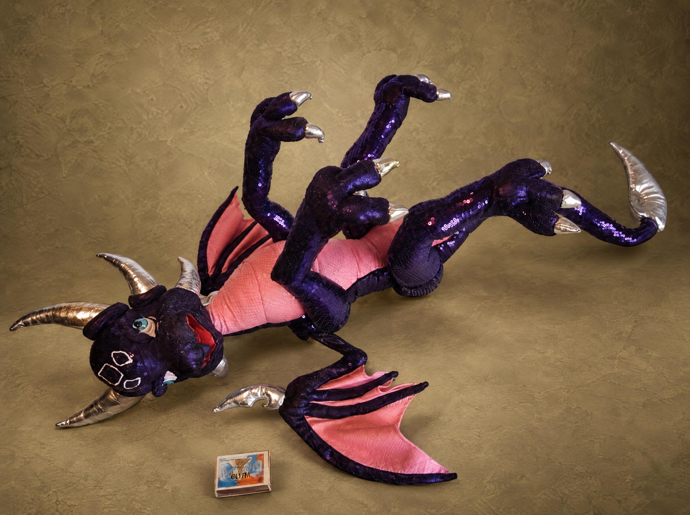 Poseable Cynder Plush Poseable Cynder plush lying on her back with all four legs bent, a custom Legend of Spyro dragon plush