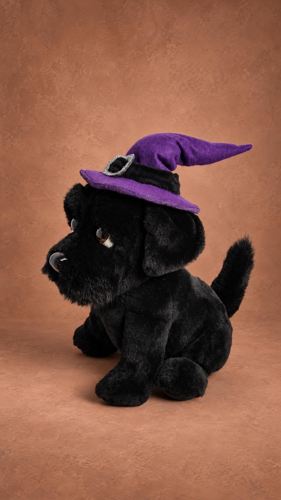Dog club mascot plush in a purple felt witch hat with a silver glitter buckle, black faux fur, handmade to order