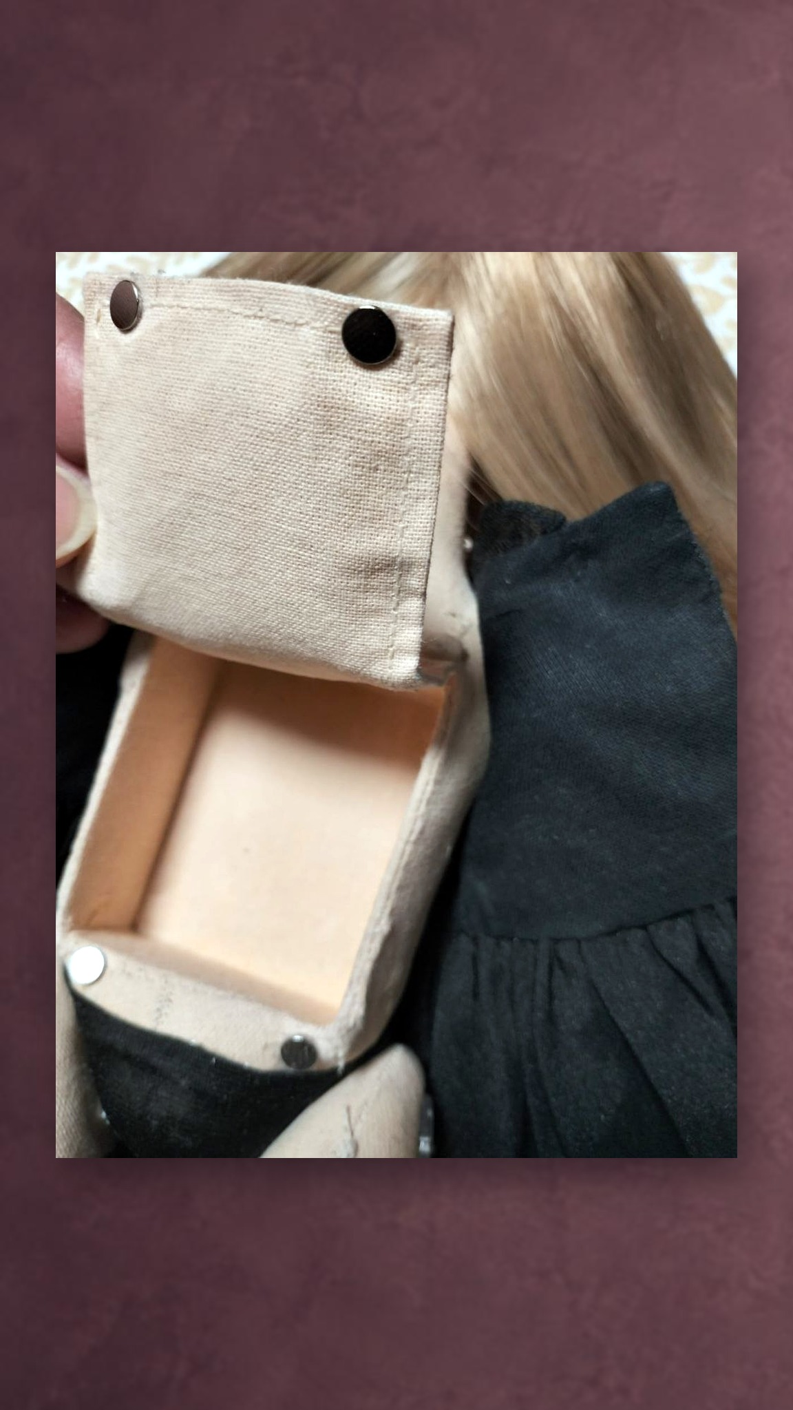 Custom doll with a sound module compartment, made to order: open fabric pocket on the witch doll's back