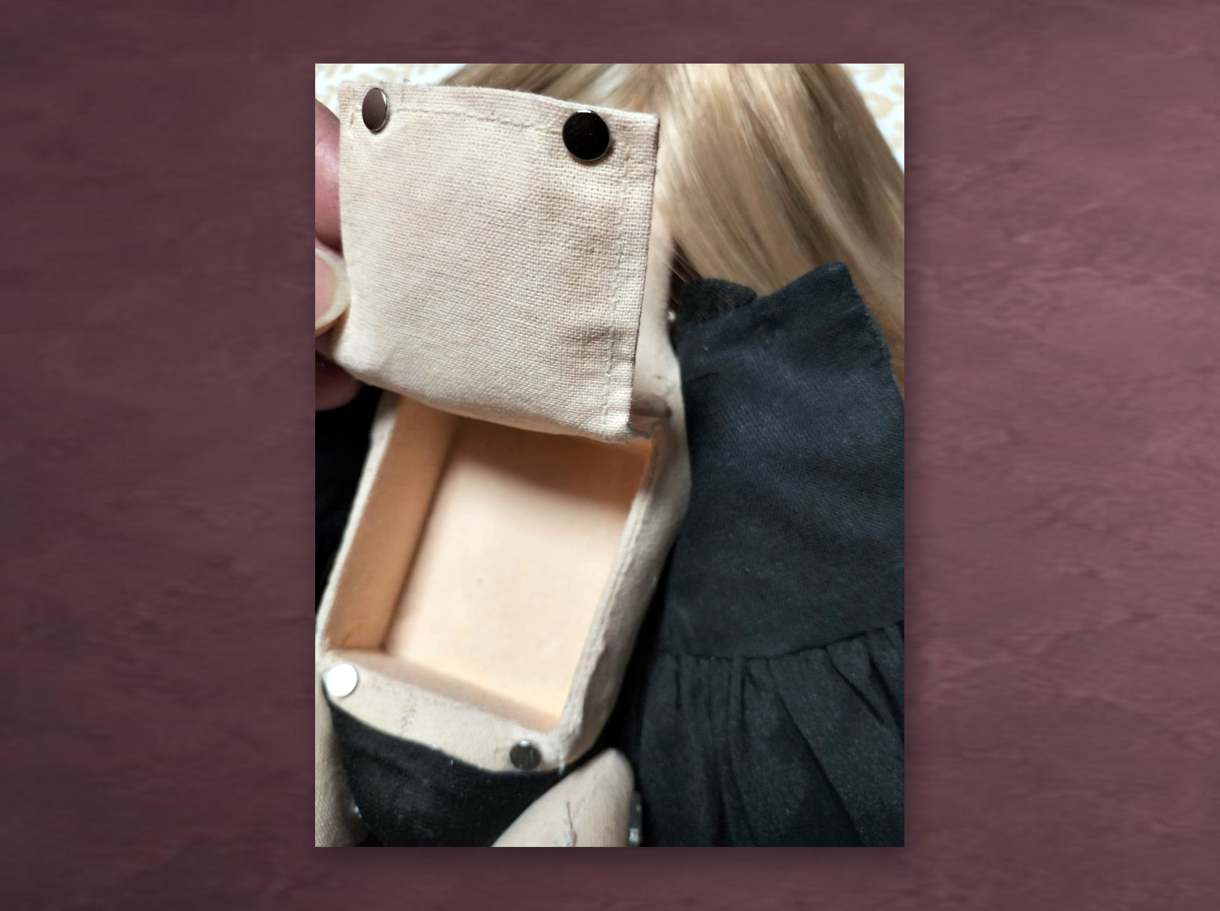 Doll With a Voice Recording Pocket, Open Doll with a voice recording option, handmade to order: the sound module pocket open on the witch doll's back