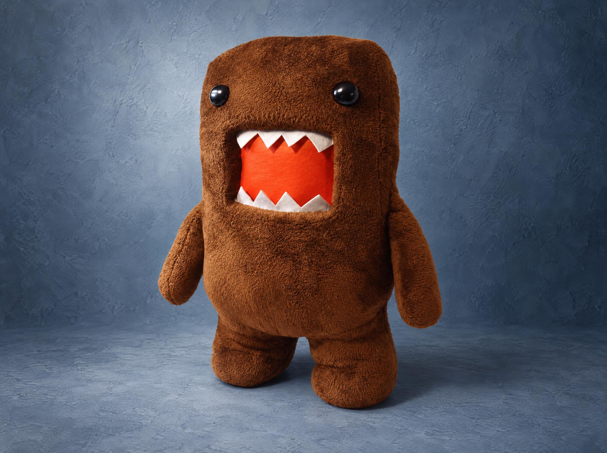 Domo-kun plush in brown fleece with a wide red mouth and zigzag teeth, the NHK monster sewn by hand to order