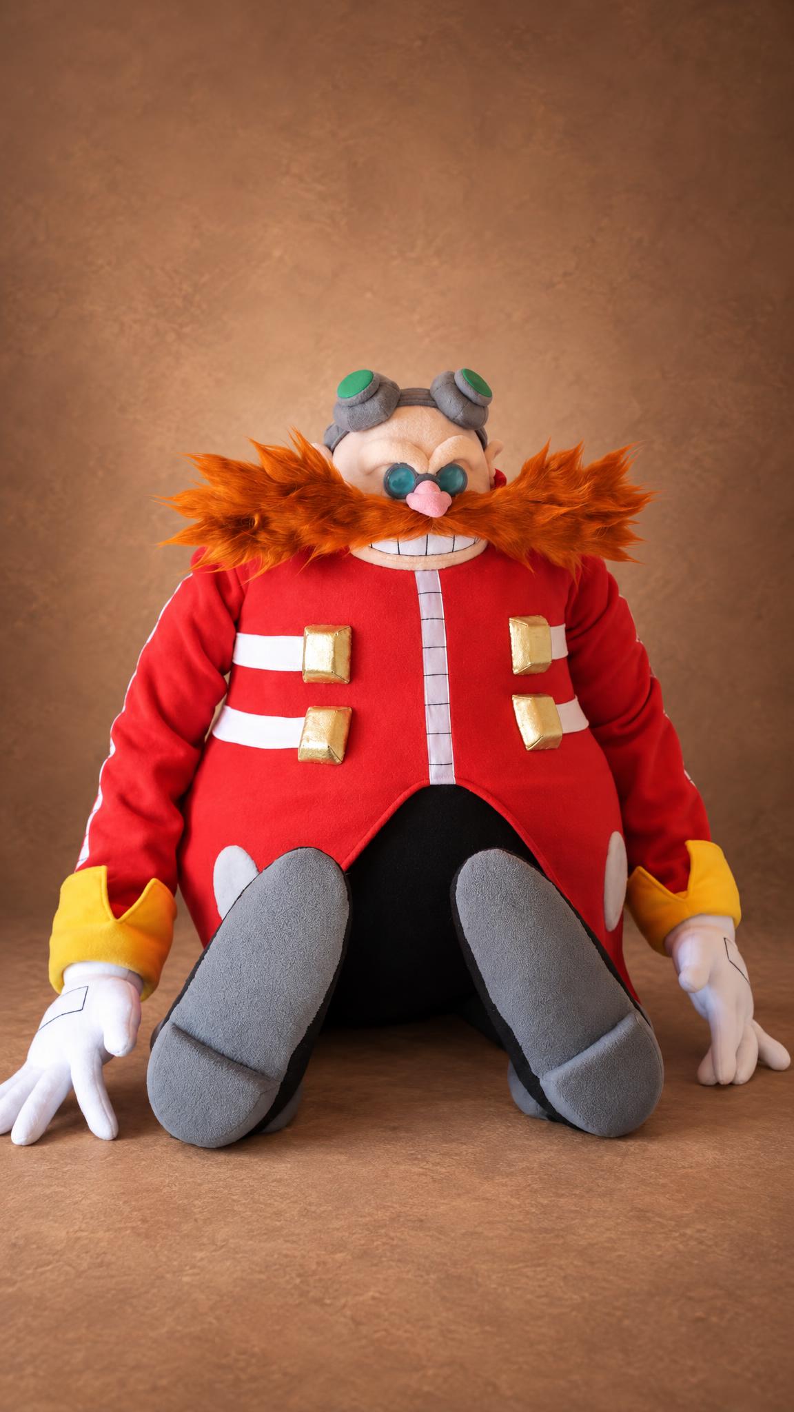 Dr. Eggman stuffed toy seated, custom handmade Sonic villain with goggles down
