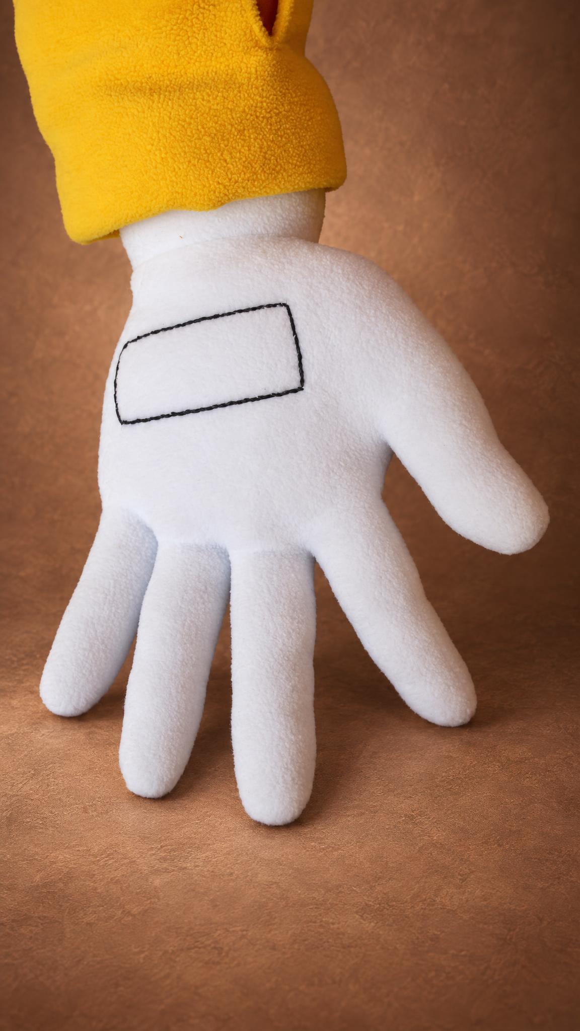 Dr. Eggman plushie glove detail, white fleece and yellow cuff, handmade to order