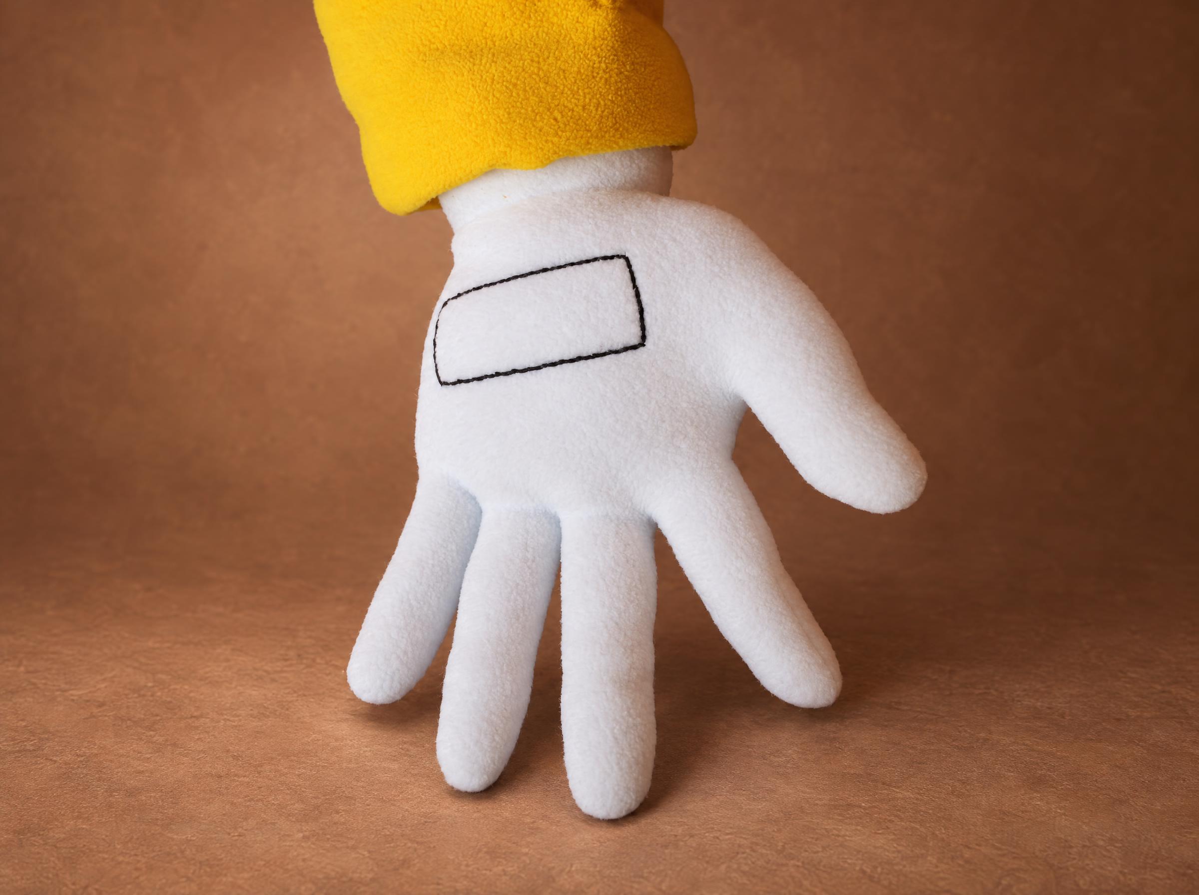 Dr. Eggman plush white glove with stitched cuff, handmade custom Sonic toy detail Dr. Eggman plush white glove with stitched cuff, handmade custom Sonic toy detail