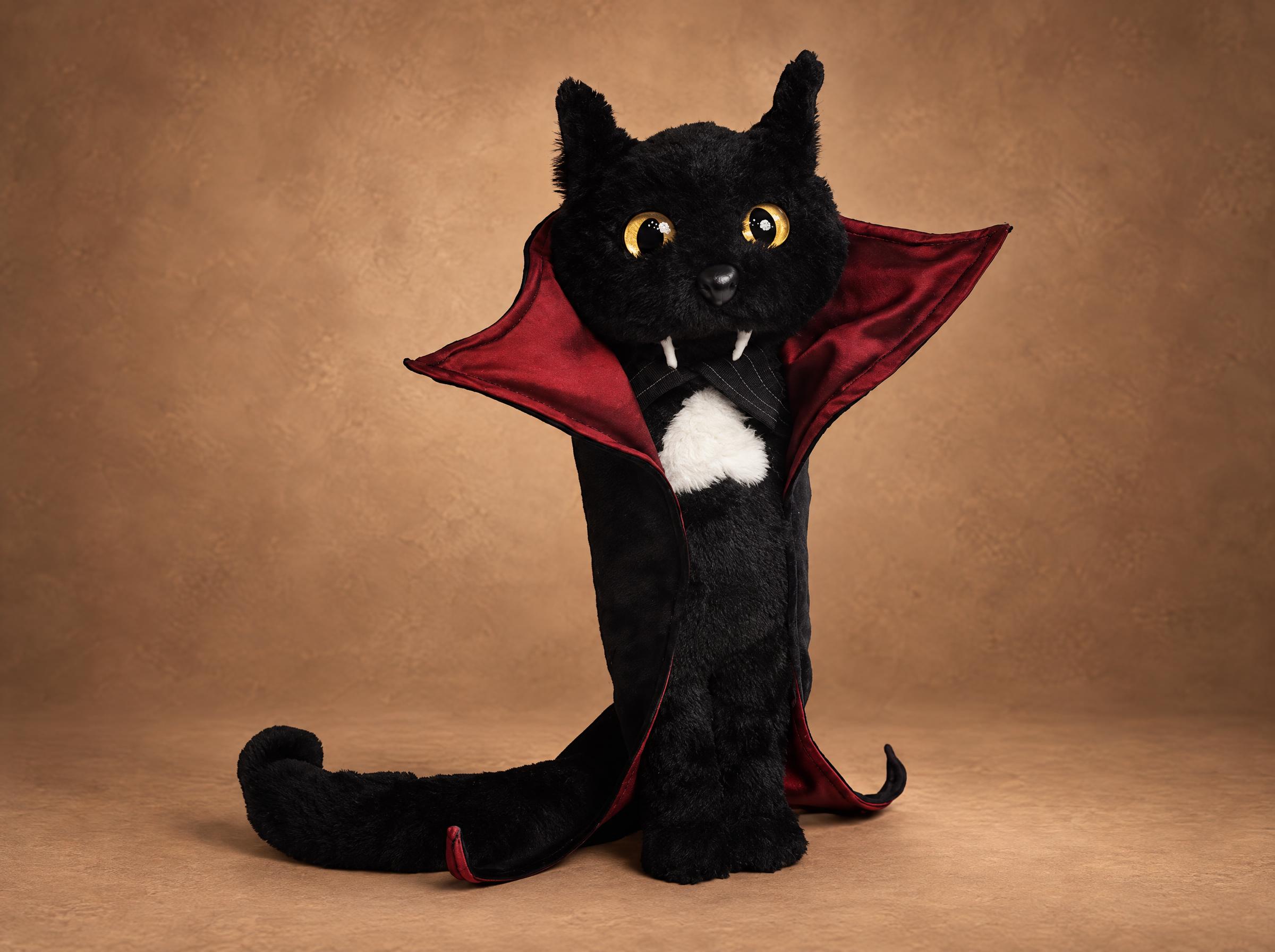 Dracula cat plush from the meme: black faux fur, amber eyes, white fangs and a red-lined vampire cape, made to order