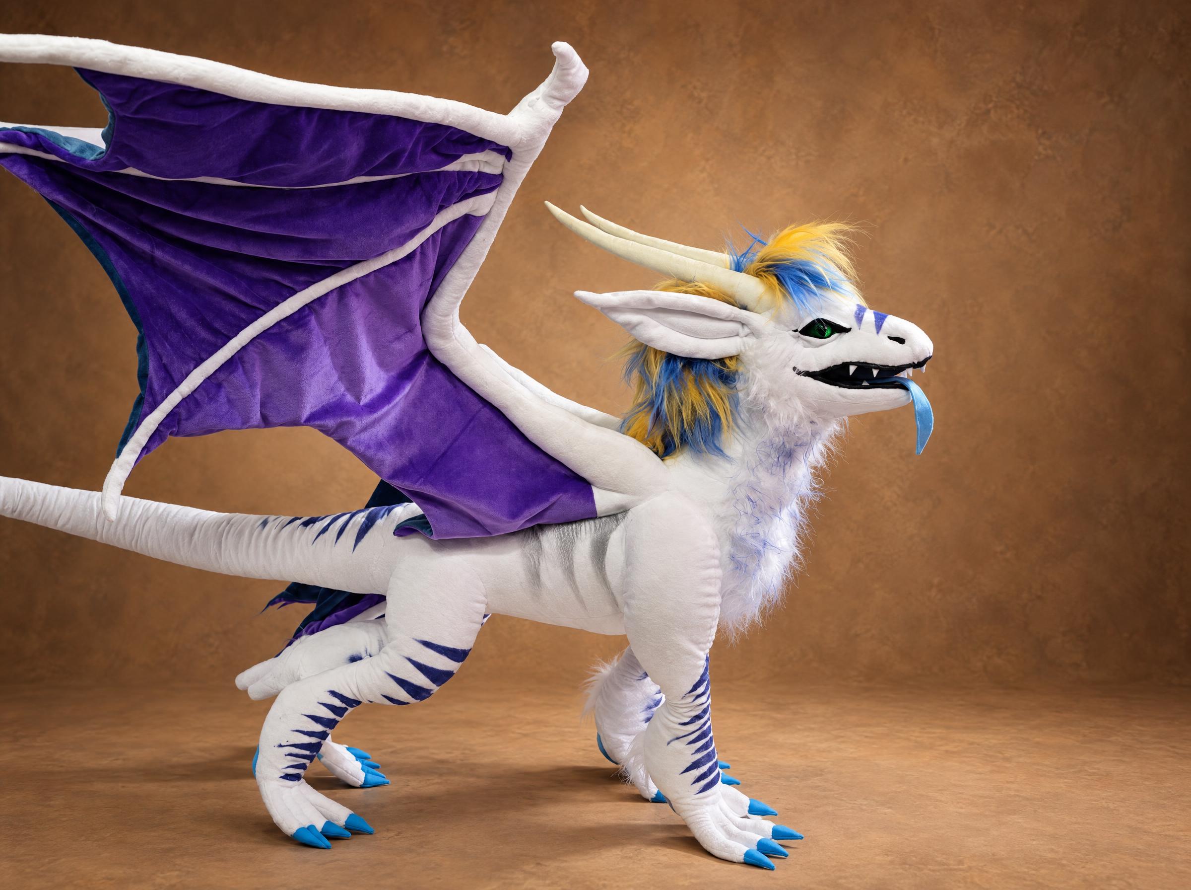 Dragon OC plush with violet wings, custom made to order Dragon OC plush sewn by hand to order: violet velvet wing with white struts over a long striped white tail