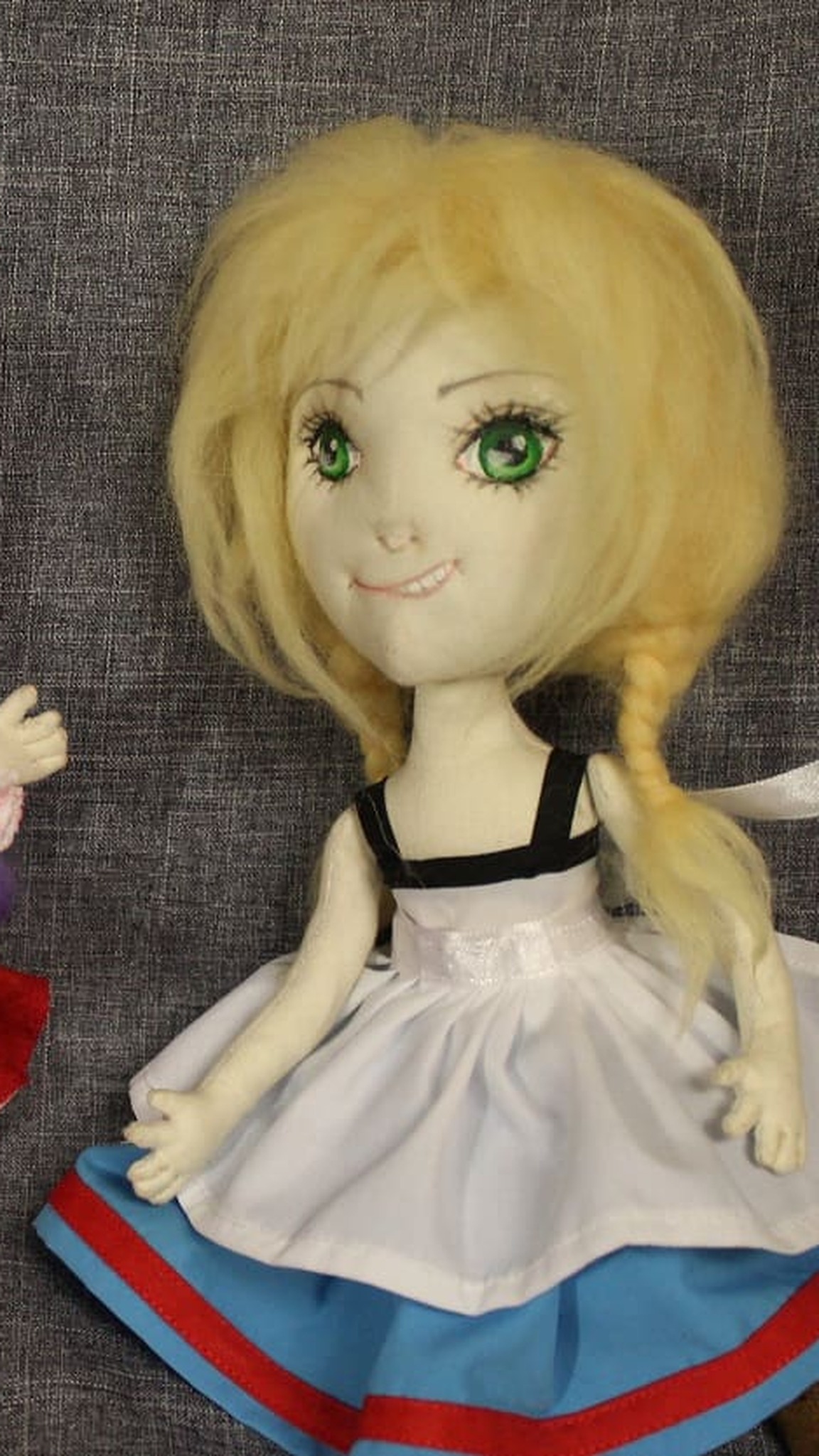 Ellen and Viola custom dolls from The Witch's House sitting together, one with the bloody horror head, handmade