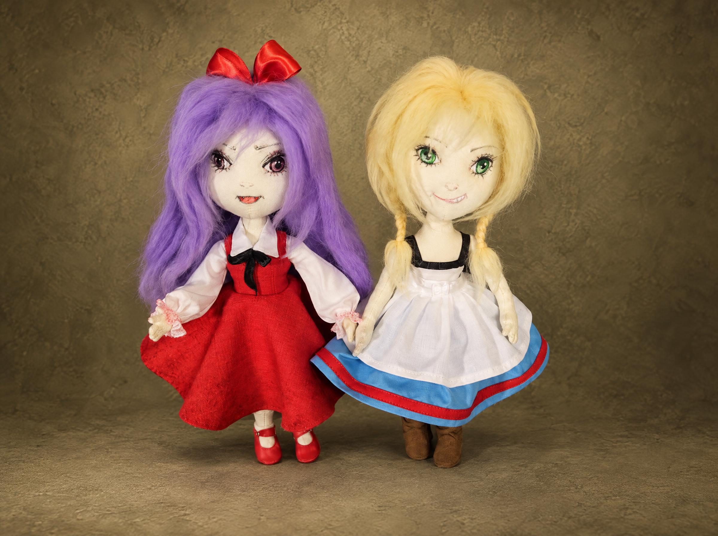 Custom Ellen and Viola dolls from The Witch's House, handmade to order with lavender and blonde wool hair
