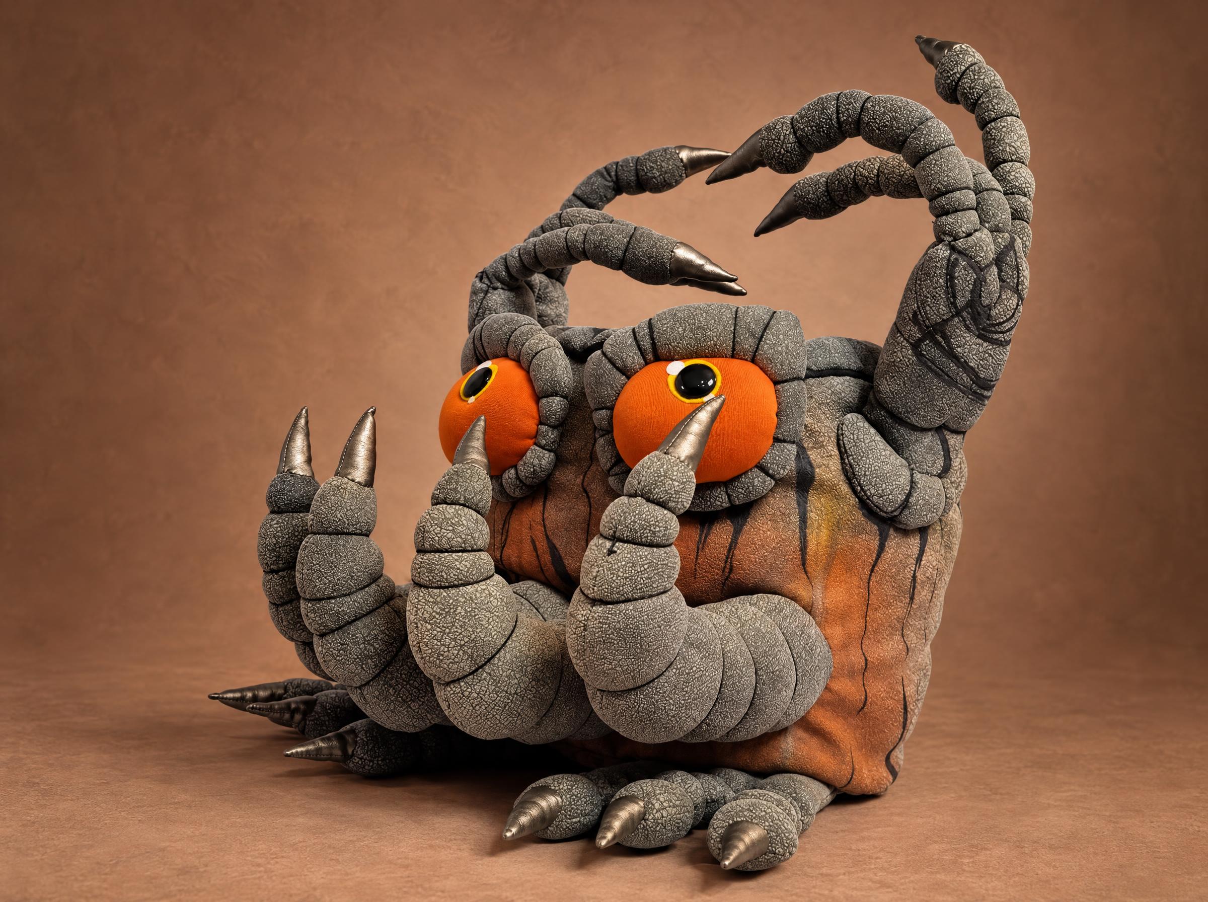 Custom Epic Noggin plush from My Singing Monsters, handmade with stone-grey segmented arms, metal claws and orange eyes